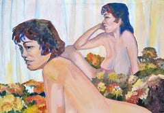 "Michel" - Nudes in a Bed of Chrysanthemums, Figurative Oil Painting