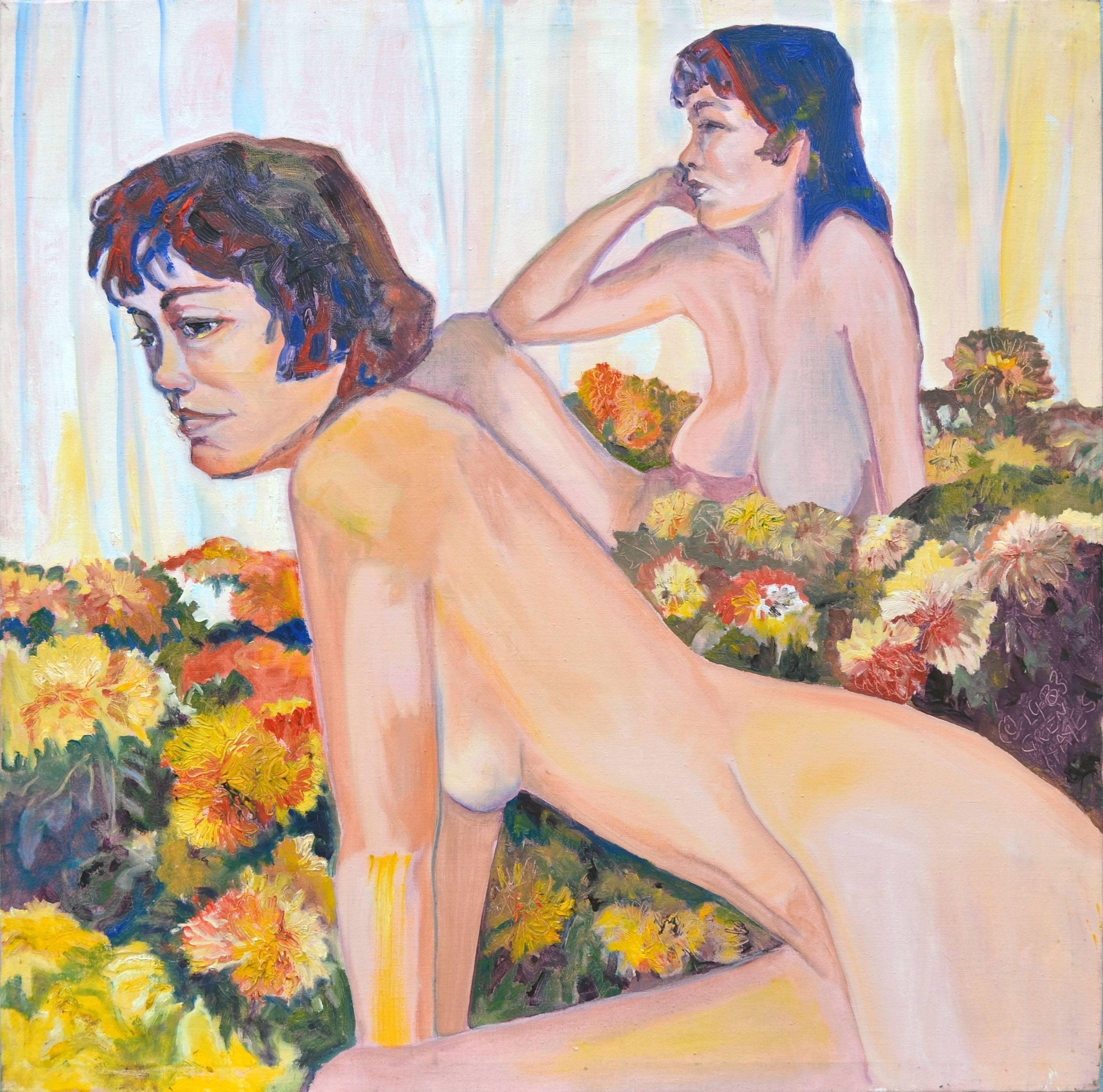 Patricia Gren Hayes Figurative Painting – "Michele" - Akt in einem Chrysanthemenbeet, figurative Ölmalerei