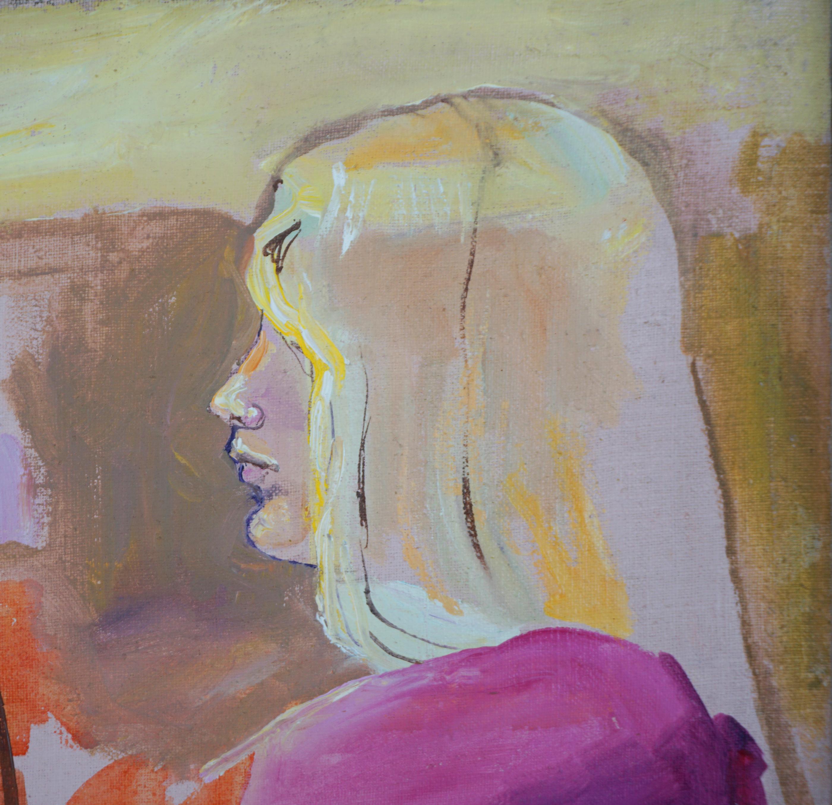 Figurative Studie über Frauen der amerikanischen Malerin Patricia Gren Hayes (geb. 1932). Blonde, langhaarige Frau in Latzhose, Seitenansicht derselben Frau und eine weitere Seitenansichtstudie einer Brünetten, um 1970.
