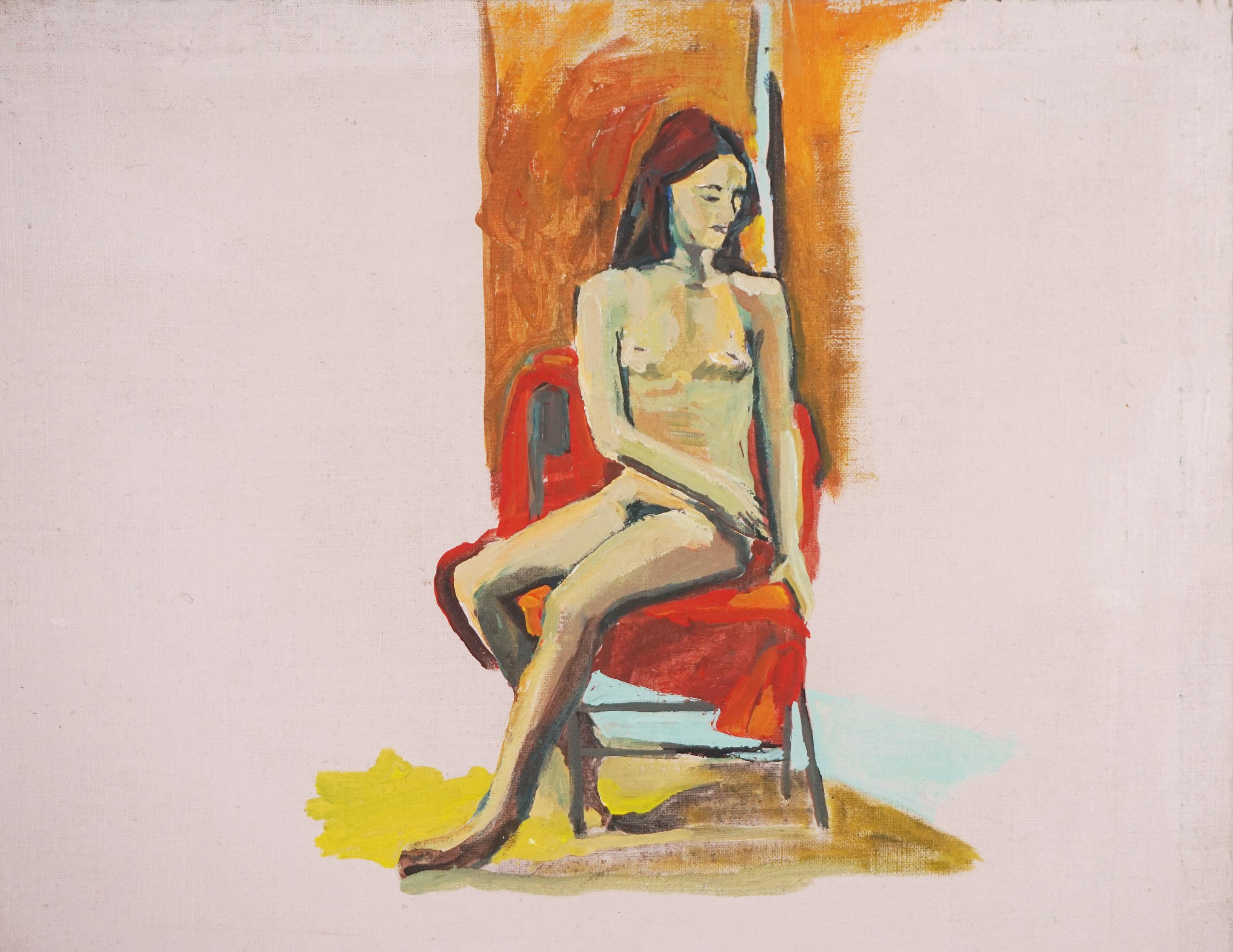 Modern nude study of woman seated in chair by American painter, Patricia Gren Hayes (b. 1932). Red haired women with side view of same woman with asymmetrical composition circa 1970.

Unsigned. 
Provenance: Purchased as part of larger collection of