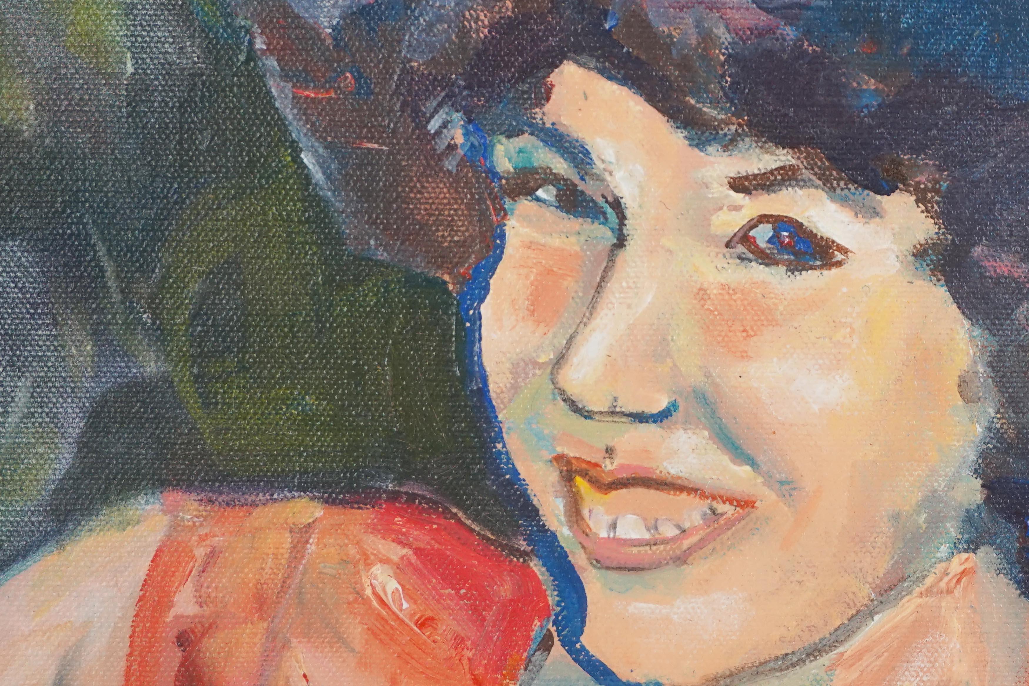 Modernes Porträt eines jungen Mädchens namens Cathy Gutman von der amerikanischen Malerin Patricia Gren Hayes (geb. 1932), 1982. 

Signiert und datiert in der linken unteren Ecke und verso
Provenienz: Erworben als Teil einer größeren Sammlung von