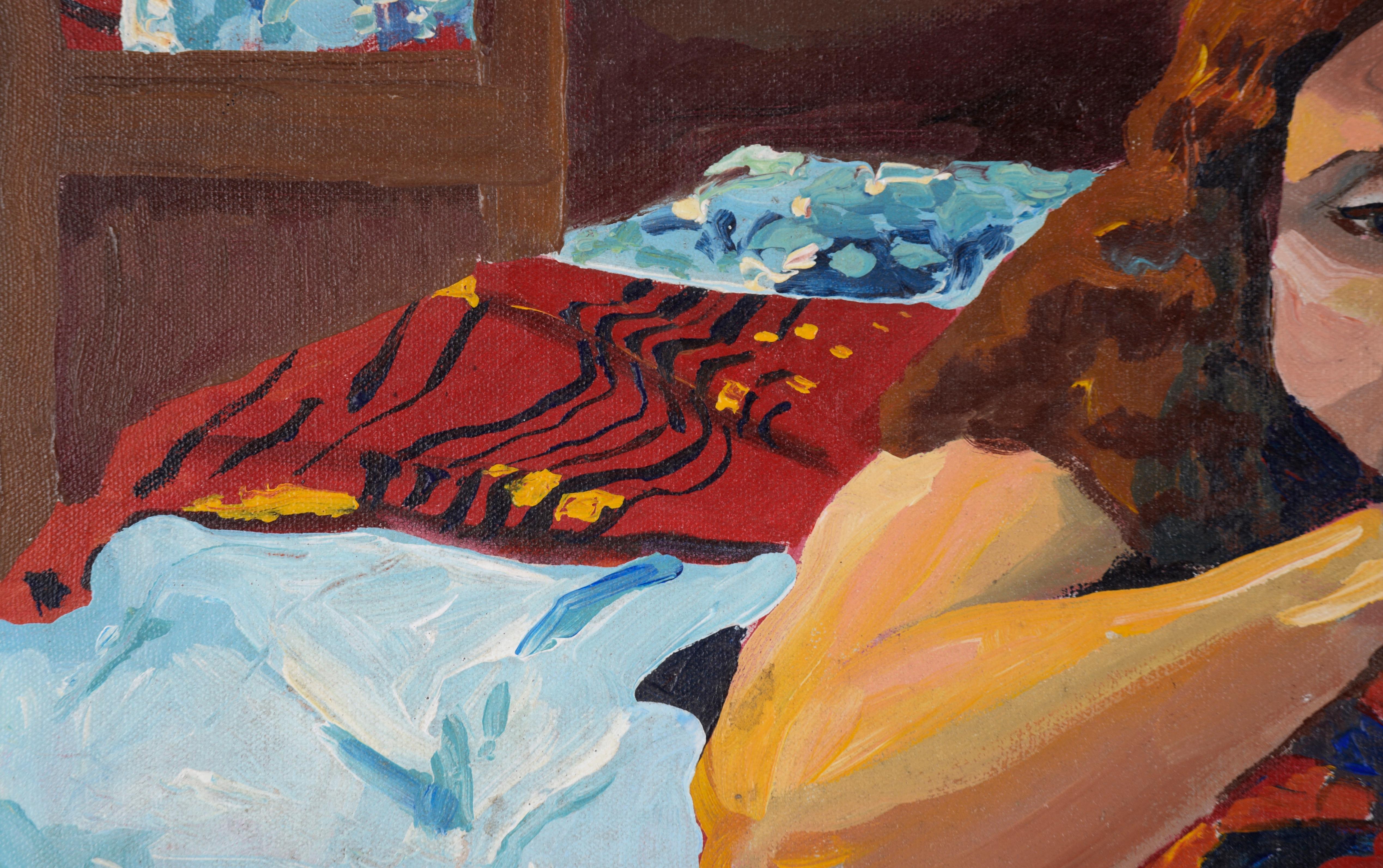 Donna nuda a letto con specchio - Ritratto figurativo in olio su tela - Figurative Painting Marrone di Patricia Gren Hayes