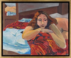 Femme nue au lit avec miroir - Portrait figuratif à l'huile sur toile
