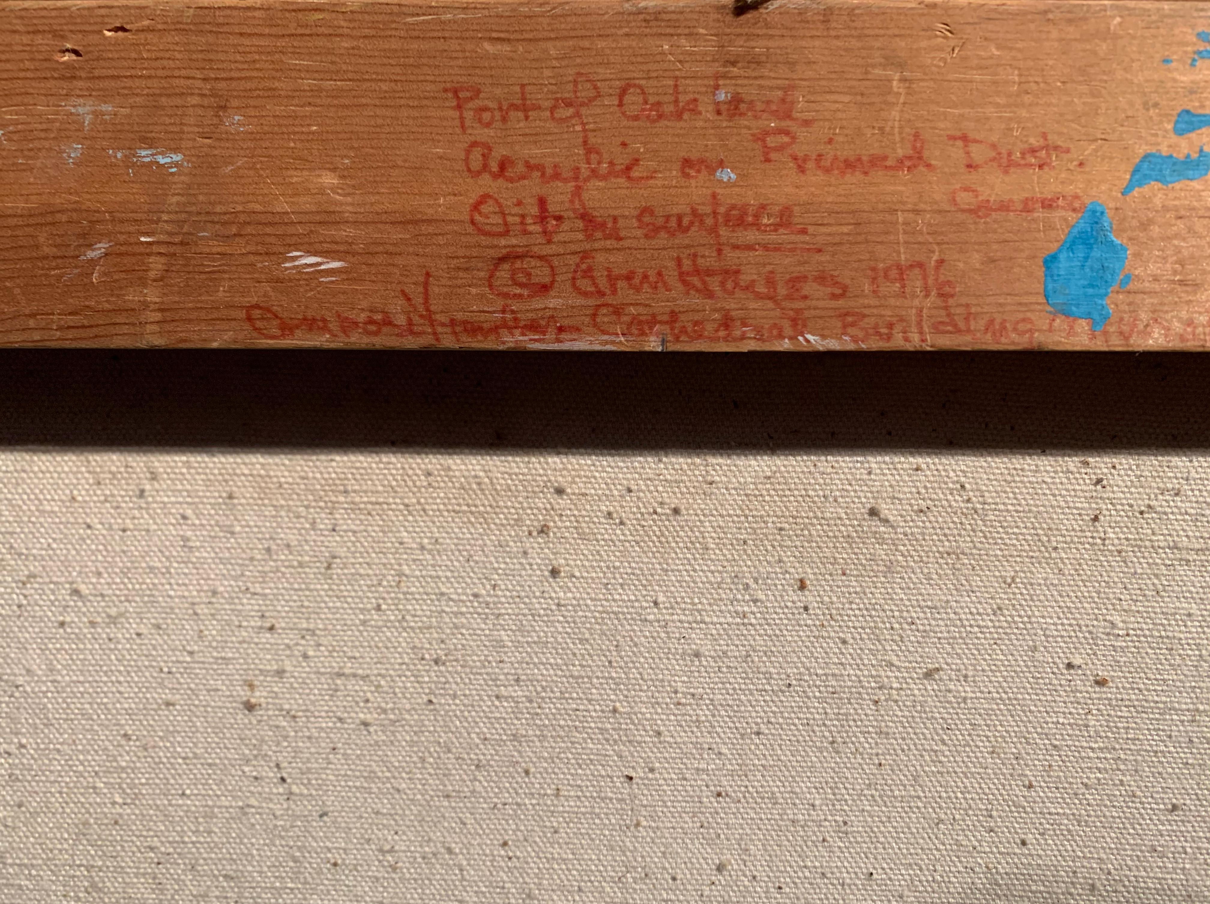 Signed lower right, 'Gren Hayes' (American, born 1932); additionally signed verso twice, titled 'Port of Oakland' on stretcher bar and dated 1976. Inscribed 'Oak. Cathedral Bldg Mural #1 sketch' verso.

Bay Area Figurative / Bay Area Feminist Art