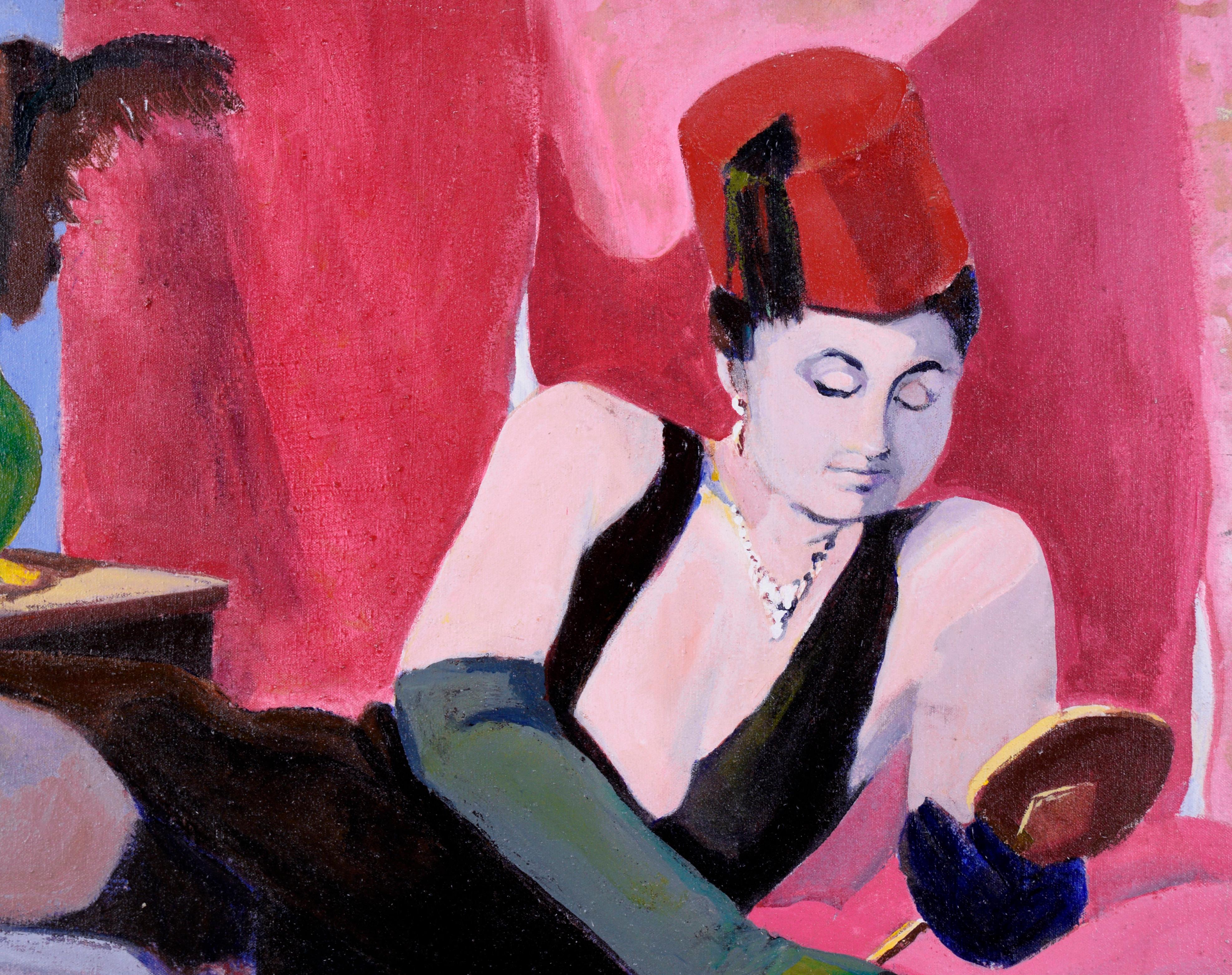 Femme au chapeau rouge - Huile figurative d'étude sur toile - Modernisme américain Painting par Patricia Gren Hayes