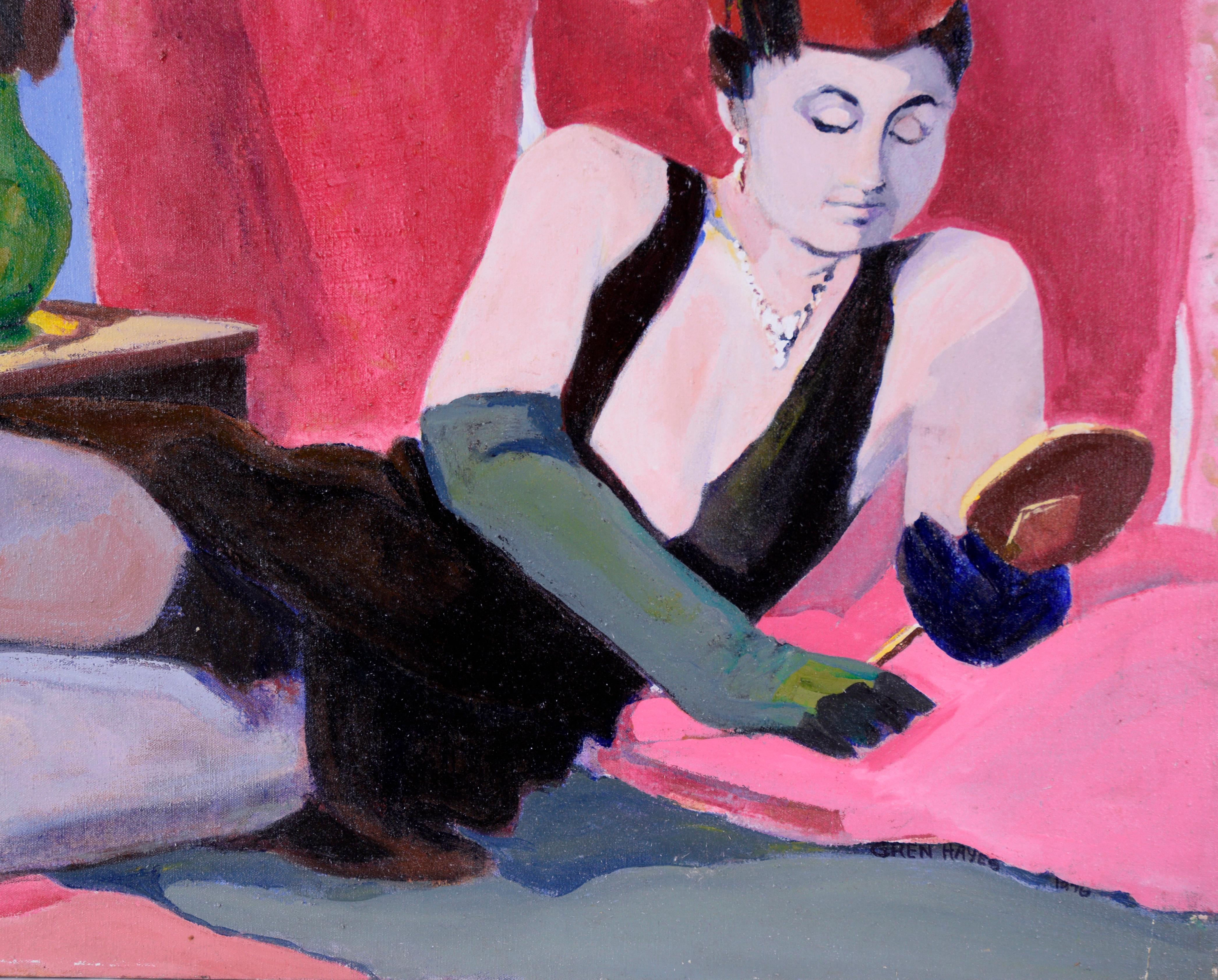 Frau mit rotem Hut – Figurative Studie, Öl auf Leinwand

Das Gemälde einer liegenden Figur der amerikanischen Malerin Patricia Gren Hayes (geb. 1932) zeigt eine Person in einem schwarzen Kleid und einem russischen Fez-Hut mit langen Handschuhen, die