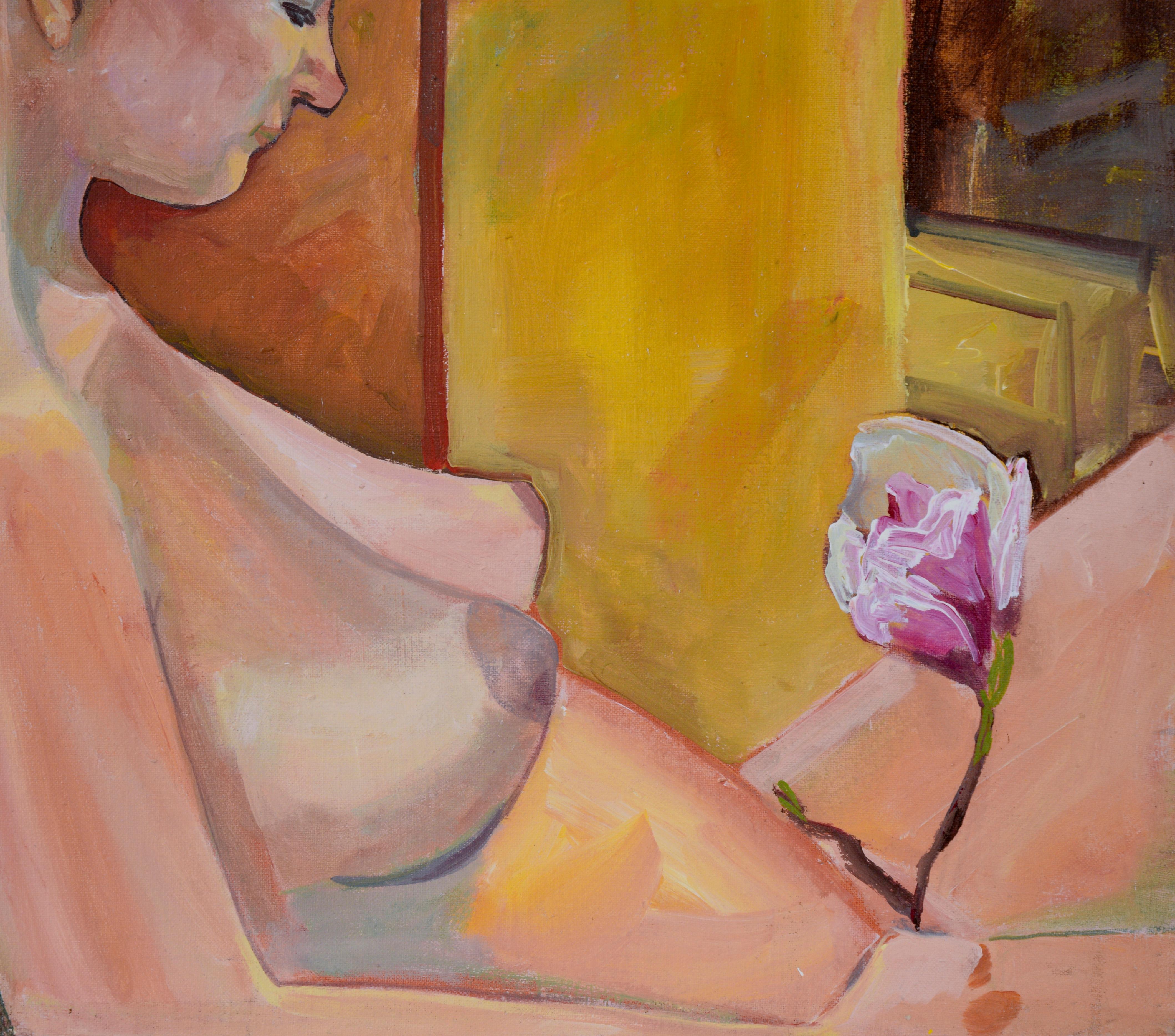 Woman in Bloom - Figurative Nude Study Oil on Canvas

A nude woman, seemingly pregnant, sits reclined in a chair with her hands at the base of her belly holding a flower. This striking painting by American painter, Patricia Gren Hayes (b. 1932), is