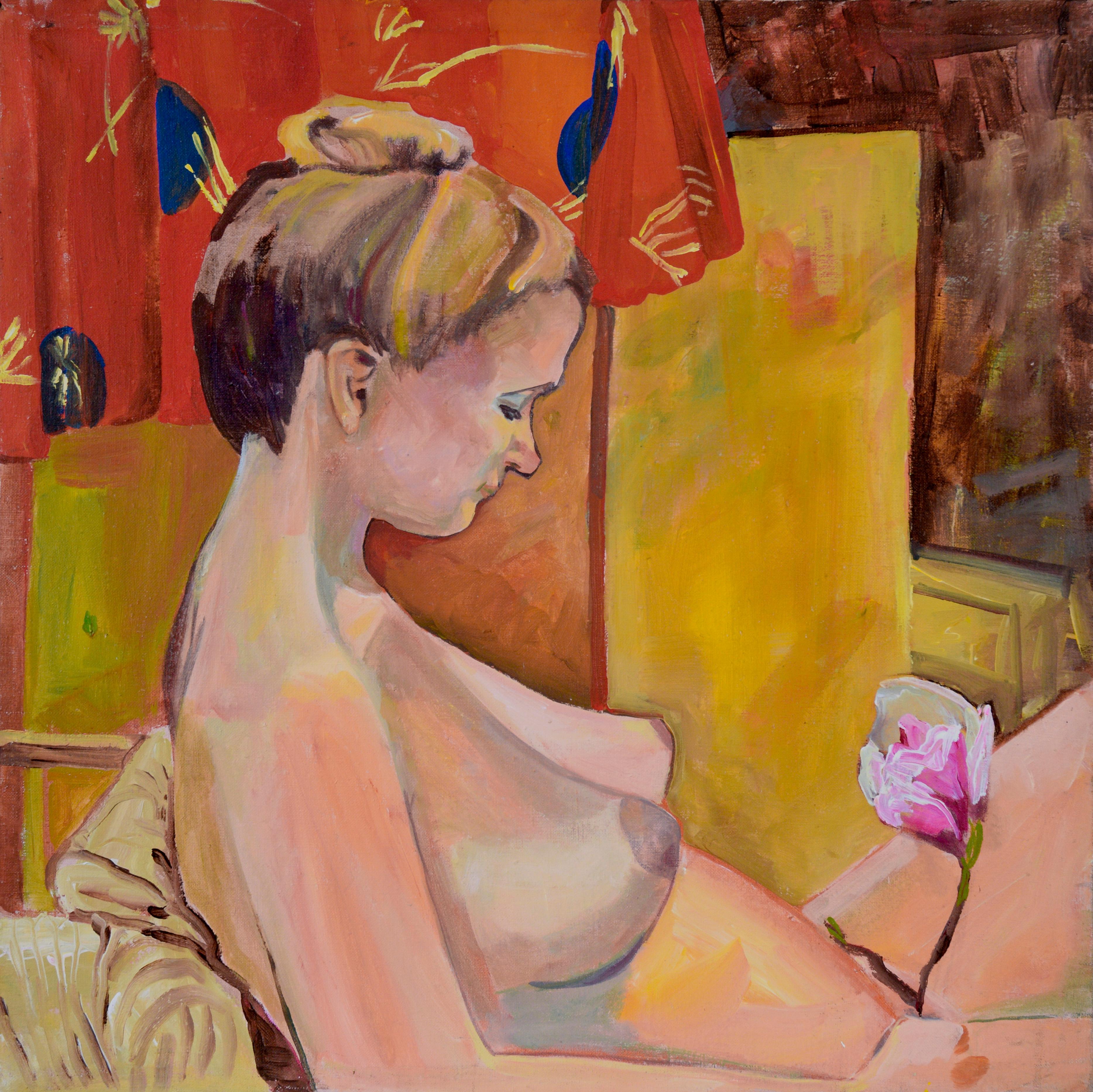 Femme en fleurs - Étude de nu figuratif Huile sur toile