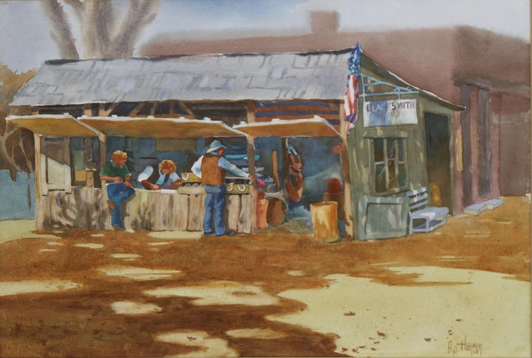 The Blacksmith's Shop - Western Figurative Landscape Watercolor  - Painting by Patricia Hansen
