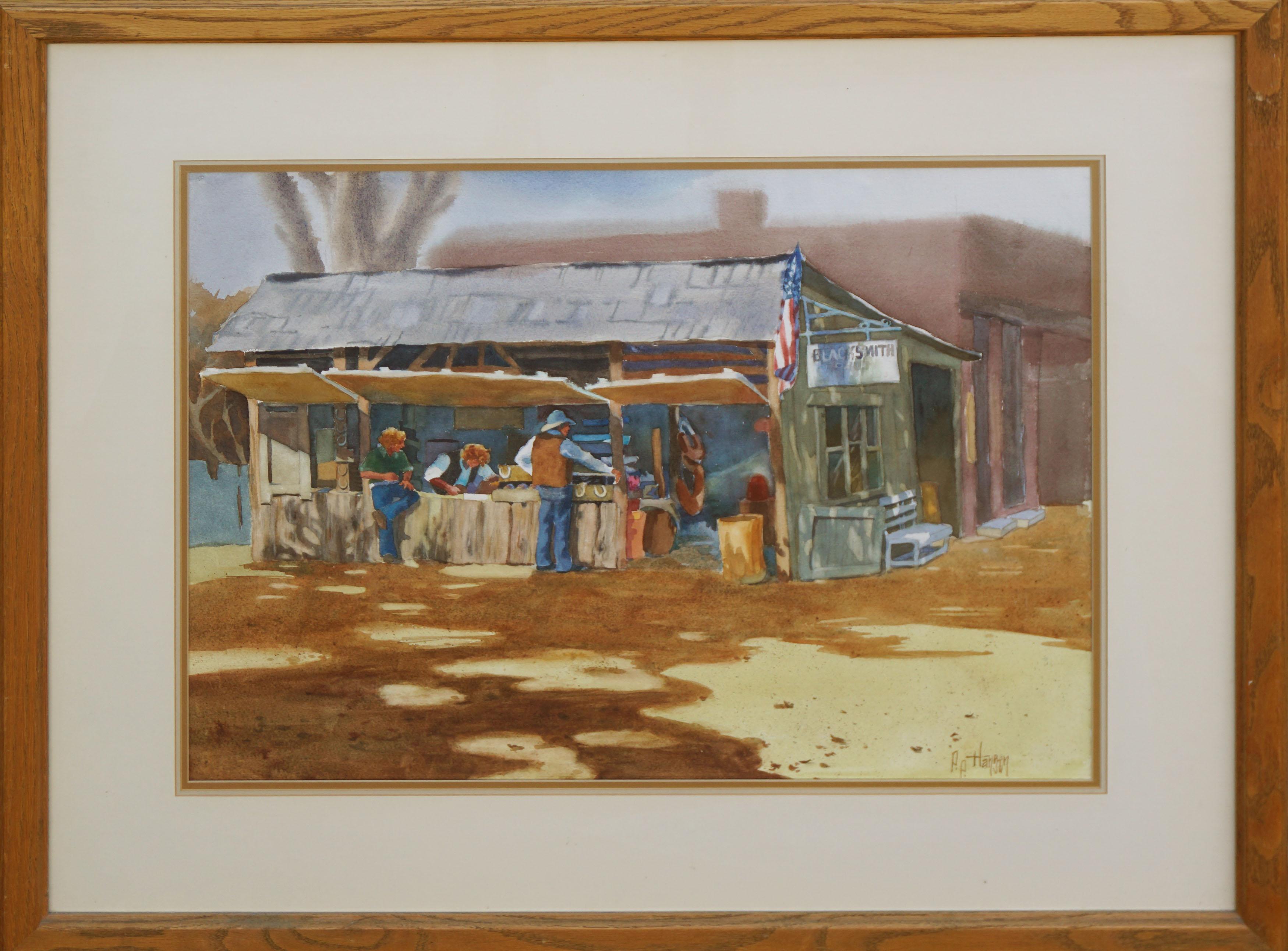 The Blacksmith's Shop - Western Figurative Landscape Watercolor 