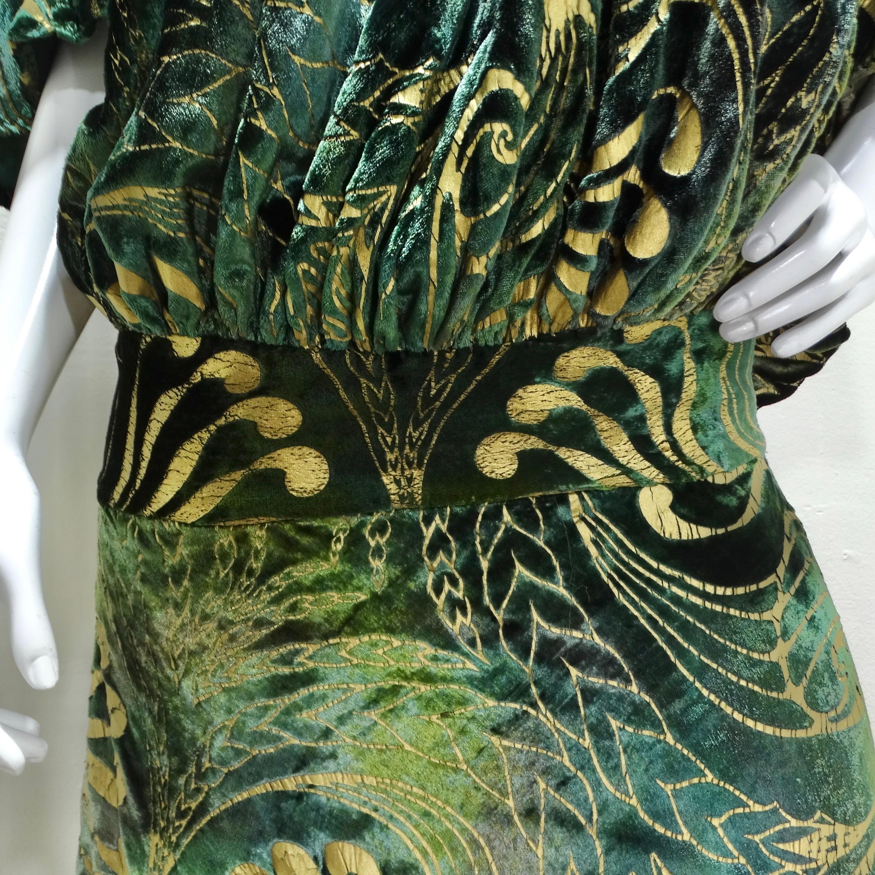 Step into the enchanting world of the Patricia Lester 1980s Green Velvet Drop Waist Maxi Dress – a stunning embodiment of 80s fashion with a touch of whimsical elegance. This beautiful crushed velvet maxi dress showcases a unique green color palette