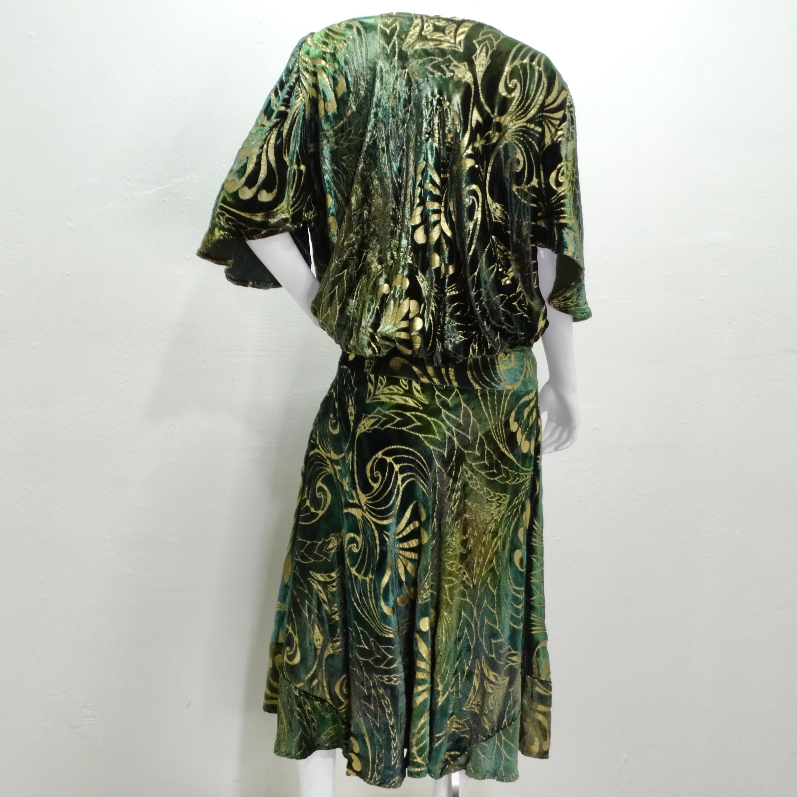 Patricia Lester 1980s Green Velvet Drop Waist Maxi Dress 1