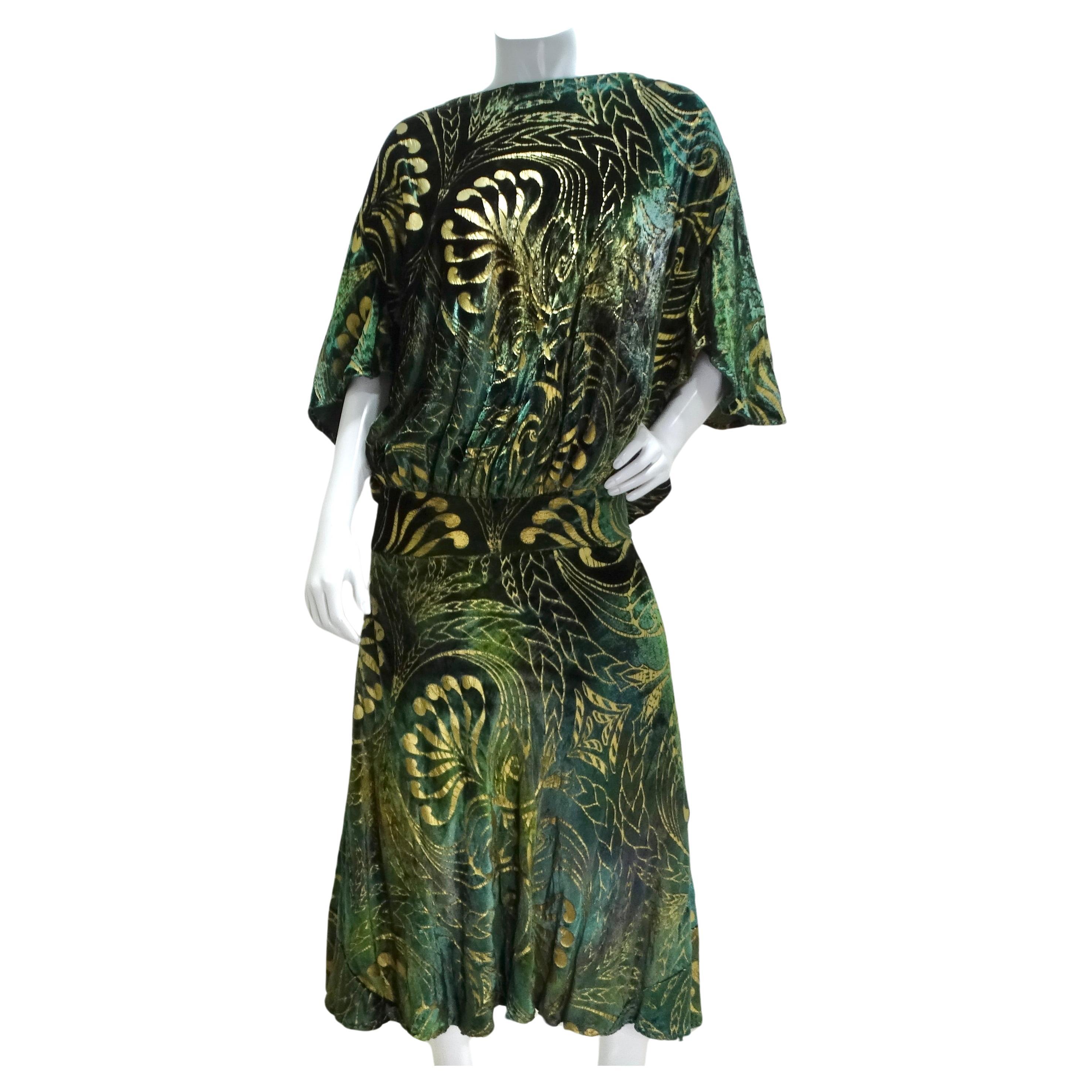 Patricia Lester 1980s Green Velvet Drop Waist Maxi Dress