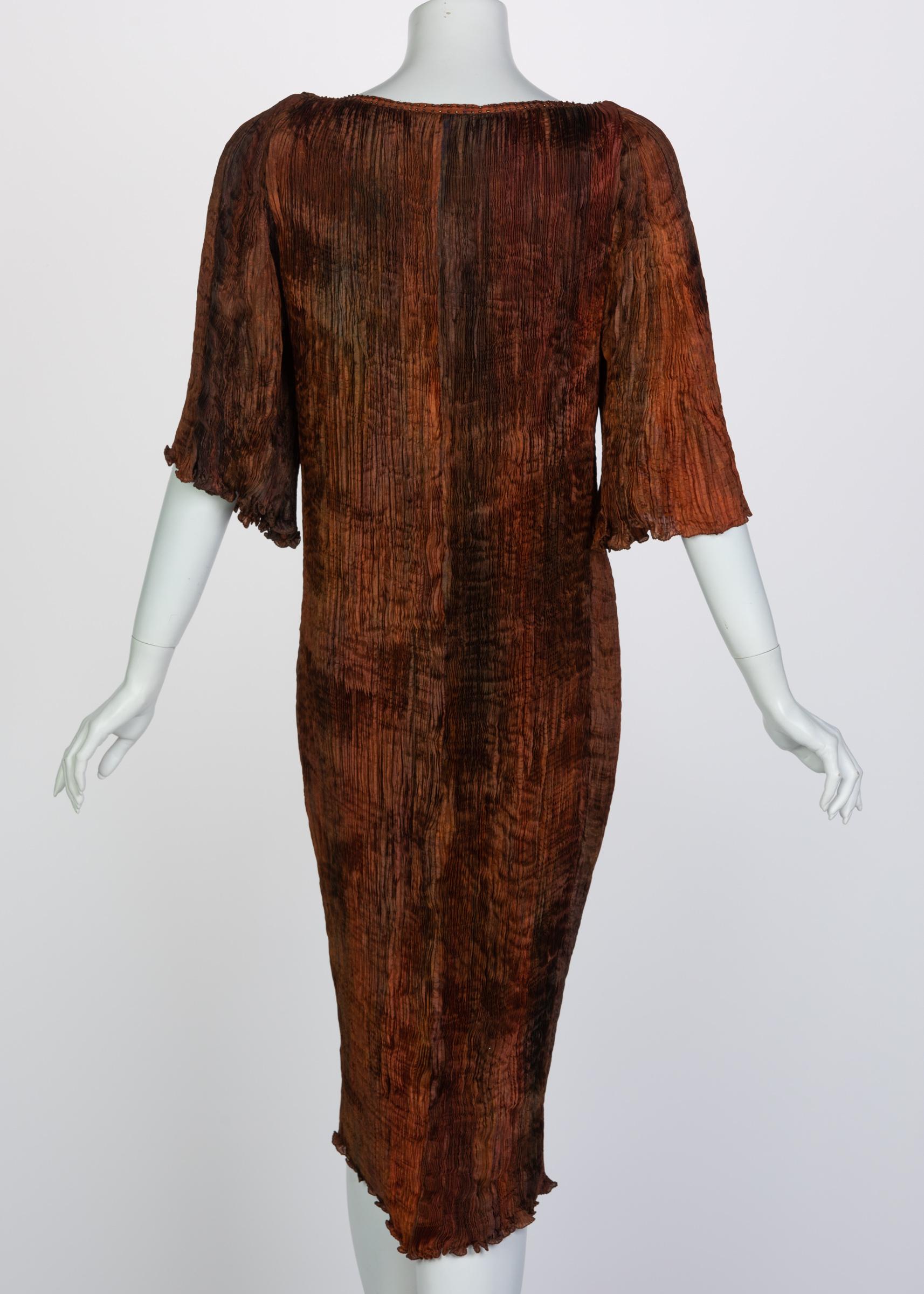 Black Patricia Lester Copper Brown Silk Fortuny Pleated Dress & Belt, 1980s