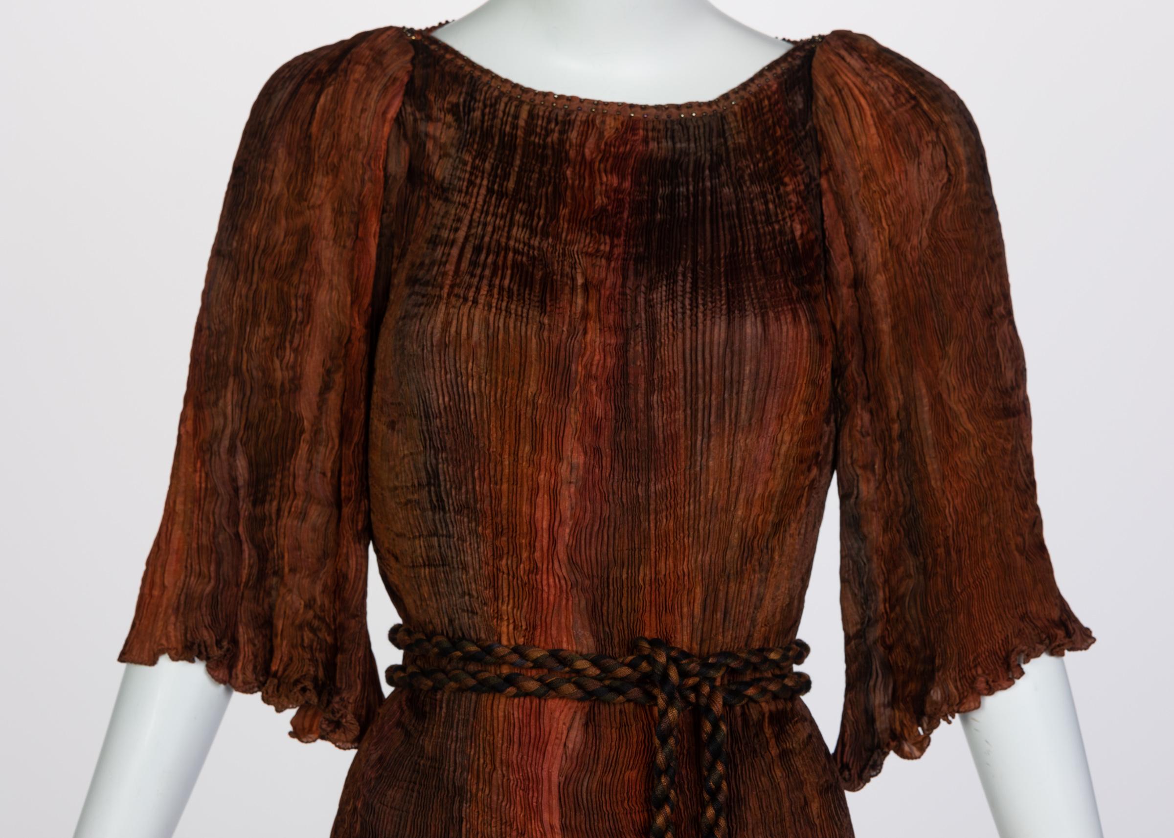 Patricia Lester Copper Brown Silk Fortuny Pleated Dress & Belt, 1980s In Excellent Condition In Boca Raton, FL