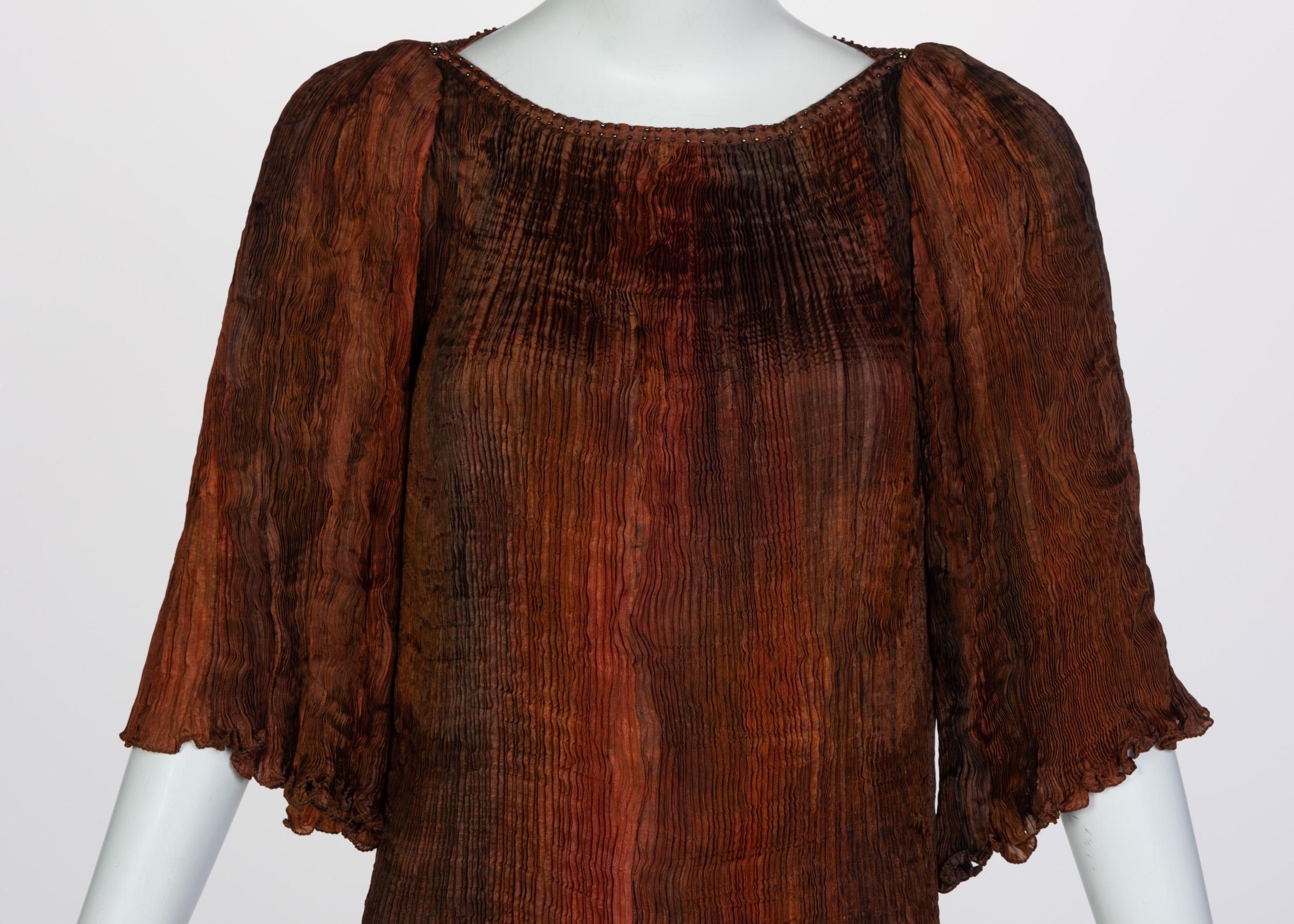 Women's Patricia Lester Copper Brown Silk Fortuny Pleated Dress & Belt, 1980s