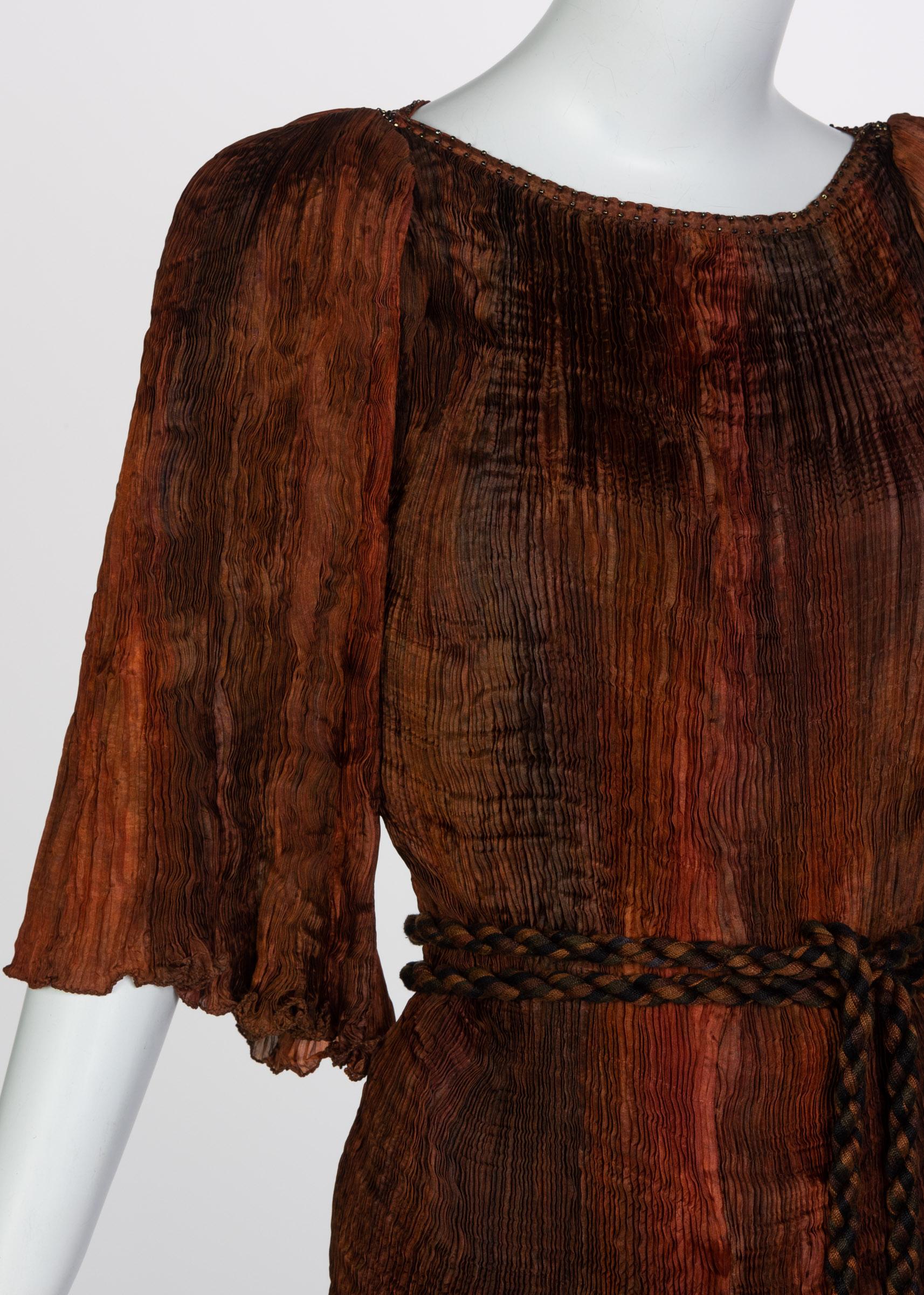Patricia Lester Copper Brown Silk Fortuny Pleated Dress & Belt, 1980s 1