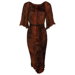 Retro Patricia Lester Copper Brown Silk Fortuny Pleated Dress & Belt, 1980s