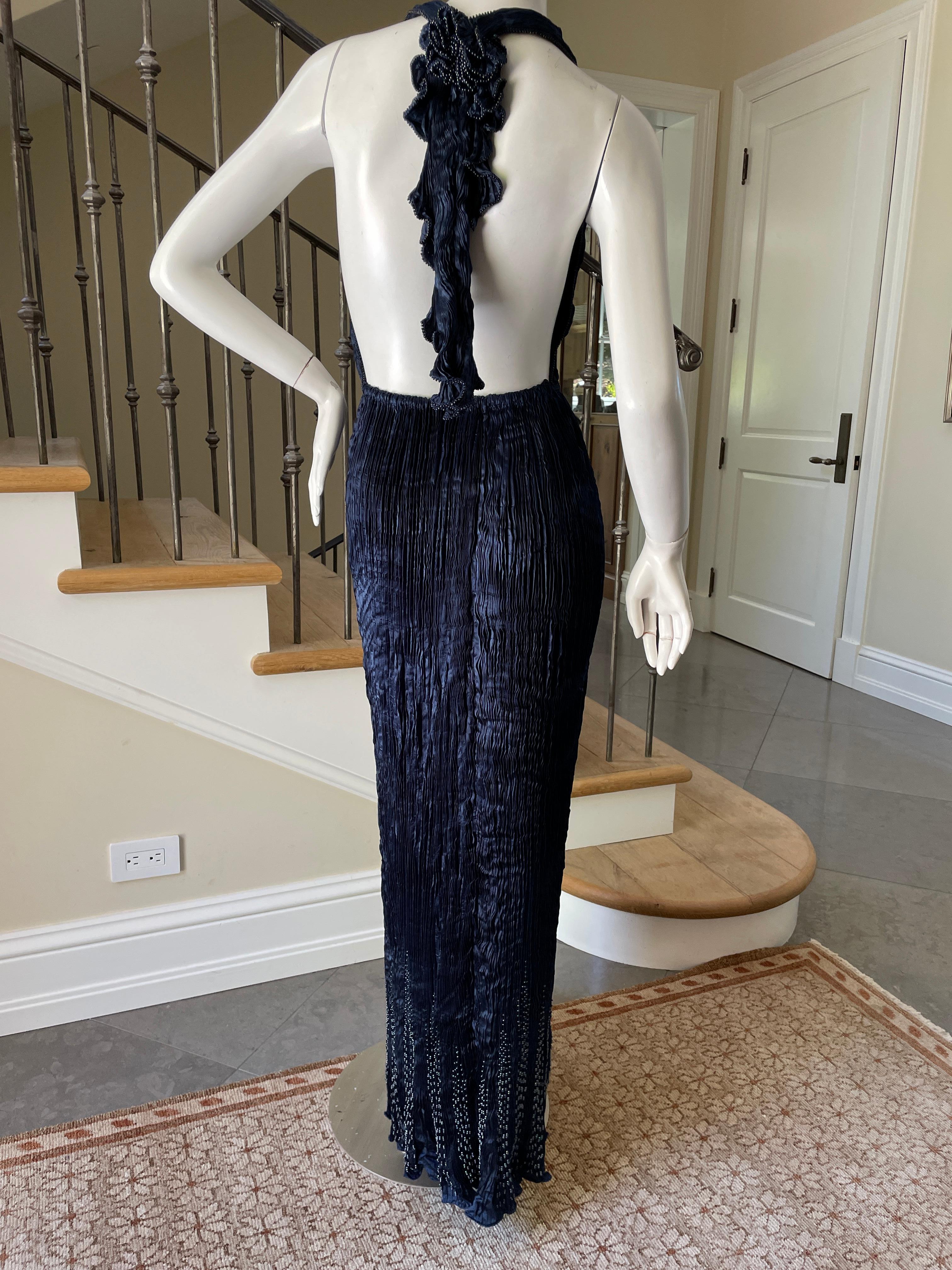 Patricia Lester Wales Fortuny Style Plisse Pleated Indigo Blue Bead Halter Dress For Sale 6