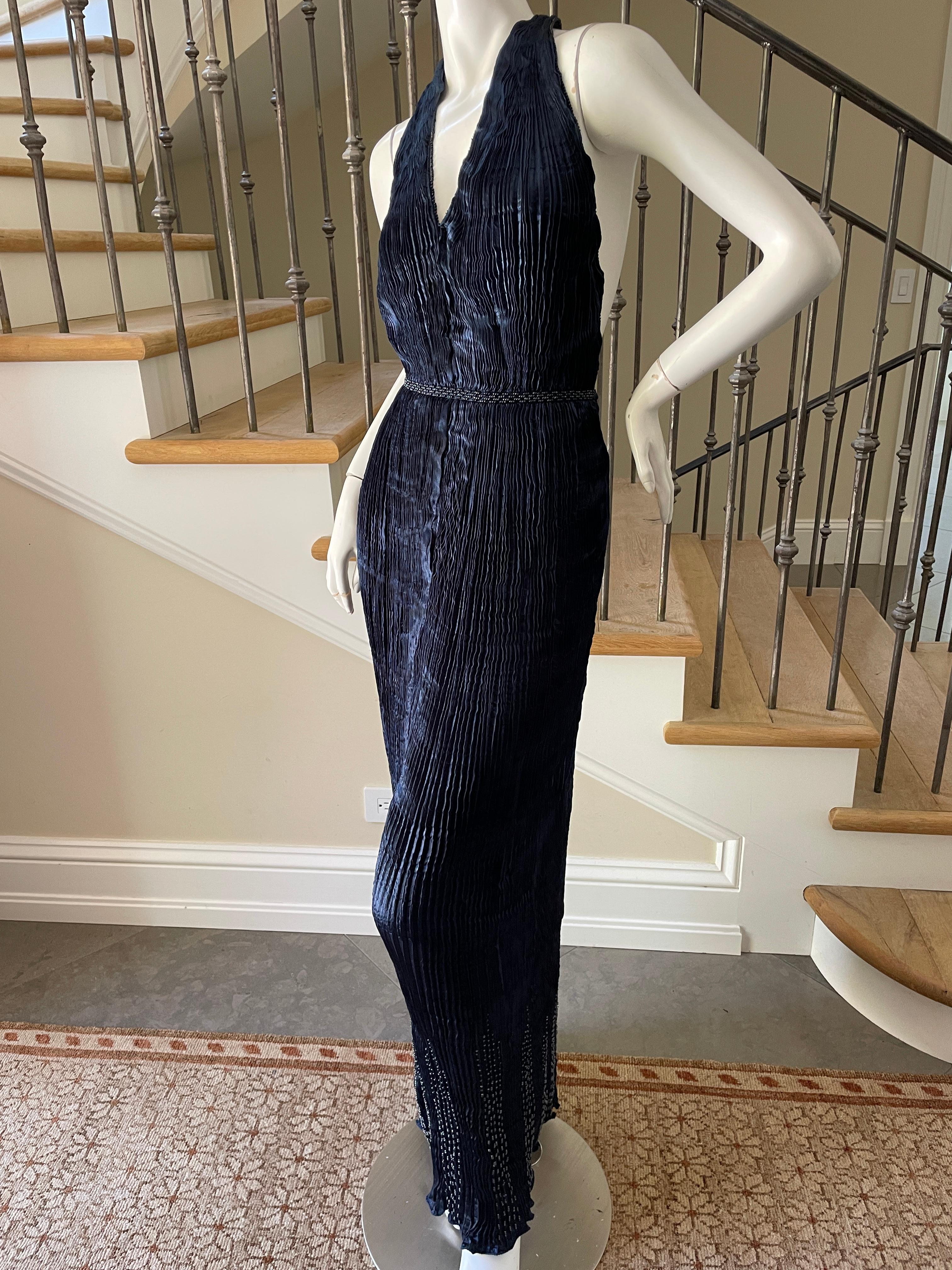 Patricia Lester Wales Fortuny Style Plisse Pleated Indigo Blue Bead Halter Dress In Excellent Condition For Sale In Cloverdale, CA