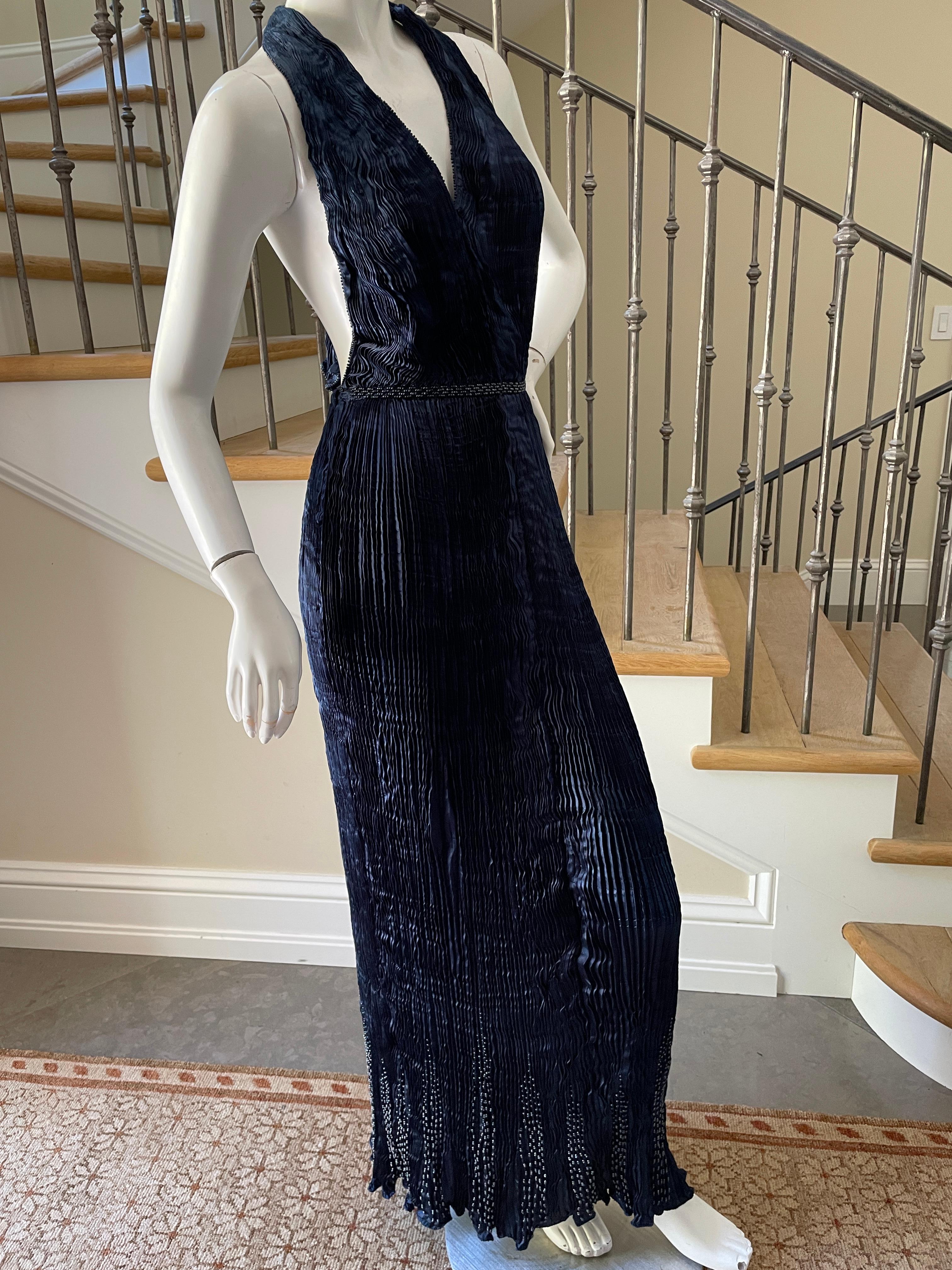 Women's Patricia Lester Wales Fortuny Style Plisse Pleated Indigo Blue Bead Halter Dress For Sale