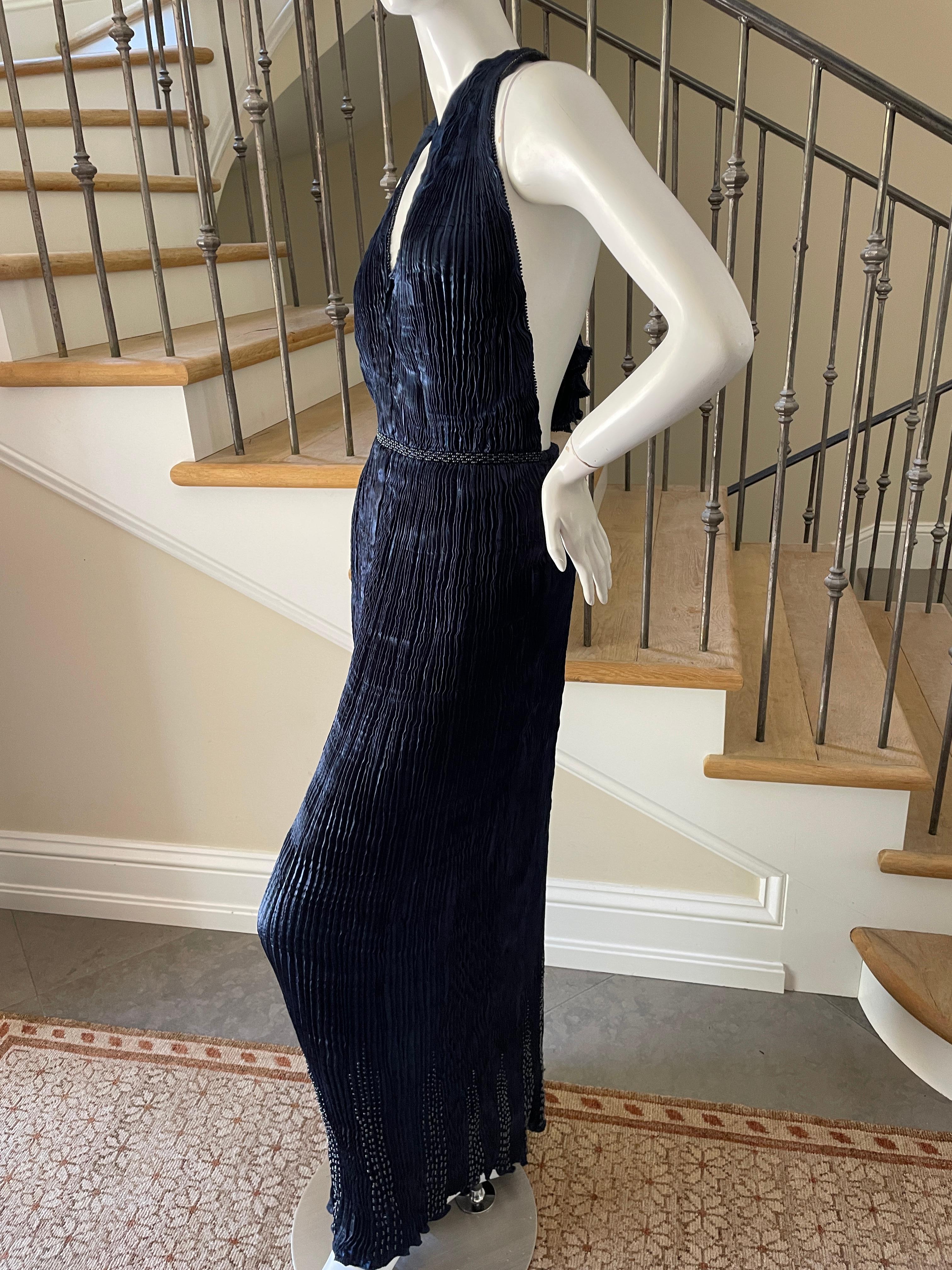 Patricia Lester Wales Fortuny Style Plisse Pleated Indigo Blue Bead Halter Dress For Sale 4