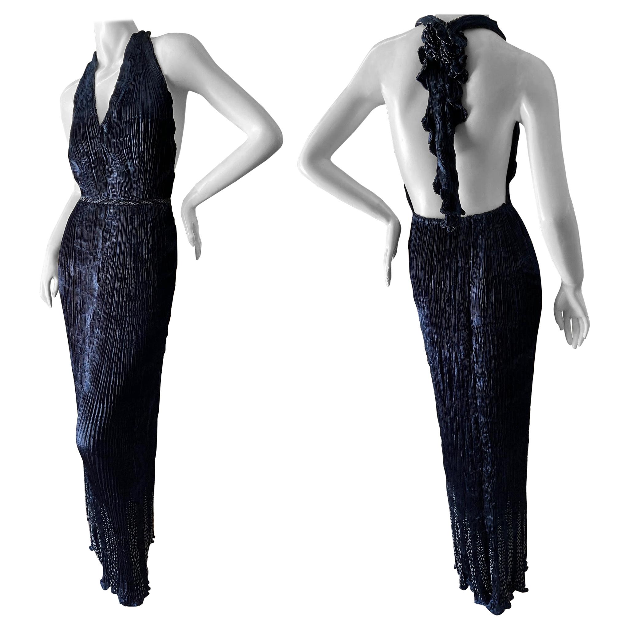 Patricia Lester Wales Fortuny Style Plisse Pleated Indigo Blue Bead Halter Dress For Sale