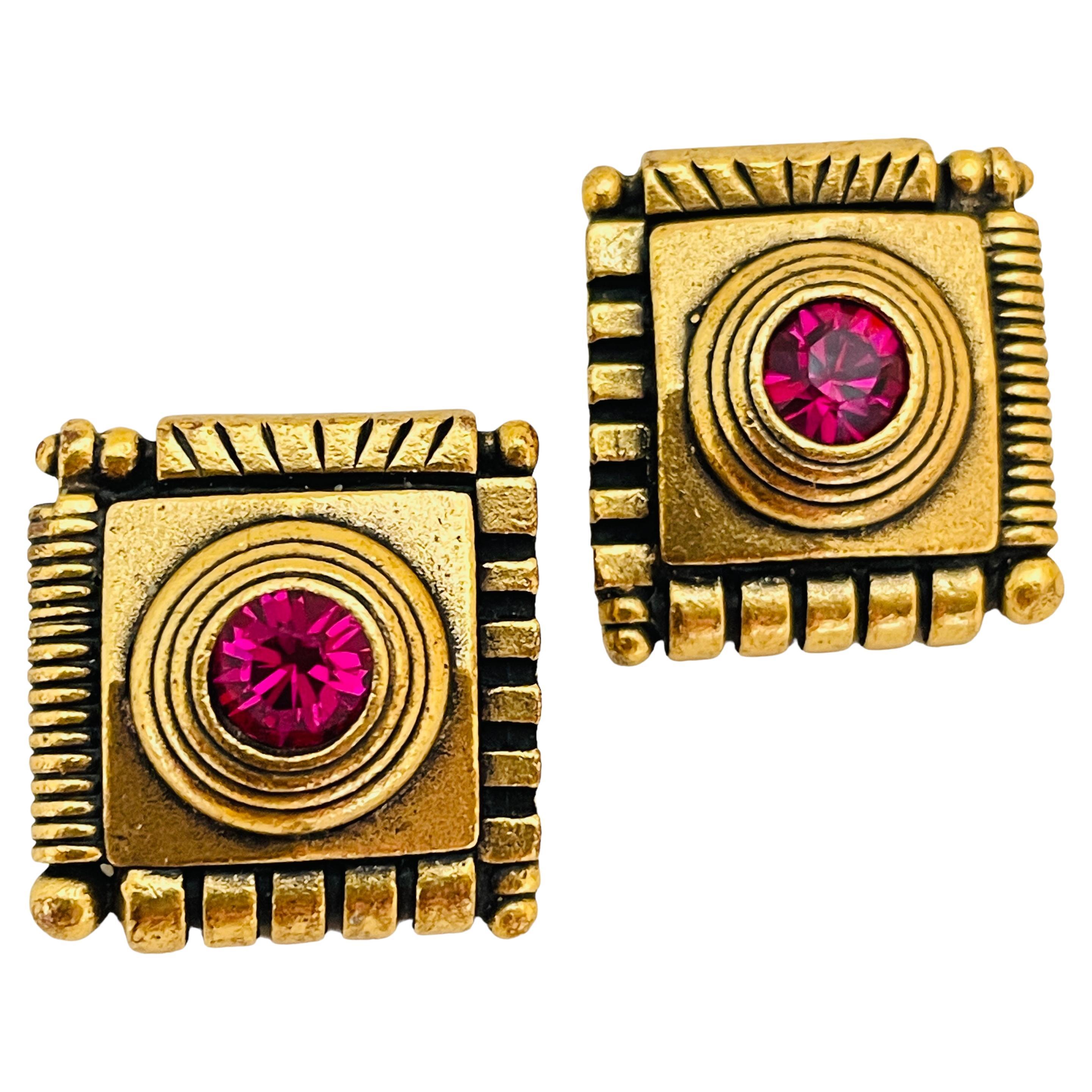 PATRICIA LOCKE signed gold pink crystal designer runway  earrings For Sale