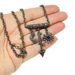 PATRICIA LOCKE signed vintage silver tone colorful glass gems designer necklace
