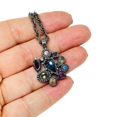 PATRICIA LOCKE signed vintage silver tone colorful glass gems designer necklace