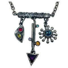 PATRICIA LOCKE signed vintage silver tone colorful glass gems designer necklace