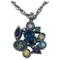 PATRICIA LOCKE signed vintage silver tone colorful glass gems designer necklace