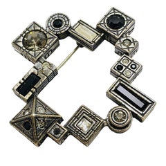PATRICIA LOCKE silver tone crystal modernist geometric designer brooch