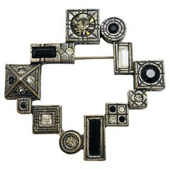 PATRICIA LOCKE silver tone crystal modernist geometric designer brooch