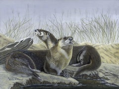 River's Edge (River Otters), Painting, Acrylic on Canvas