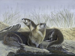 River's Edge (River Otters), peinture, acrylique sur toile