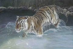 Taking the Plunge (Le tigre de Sibérie), peinture à l'acrylique sur toile