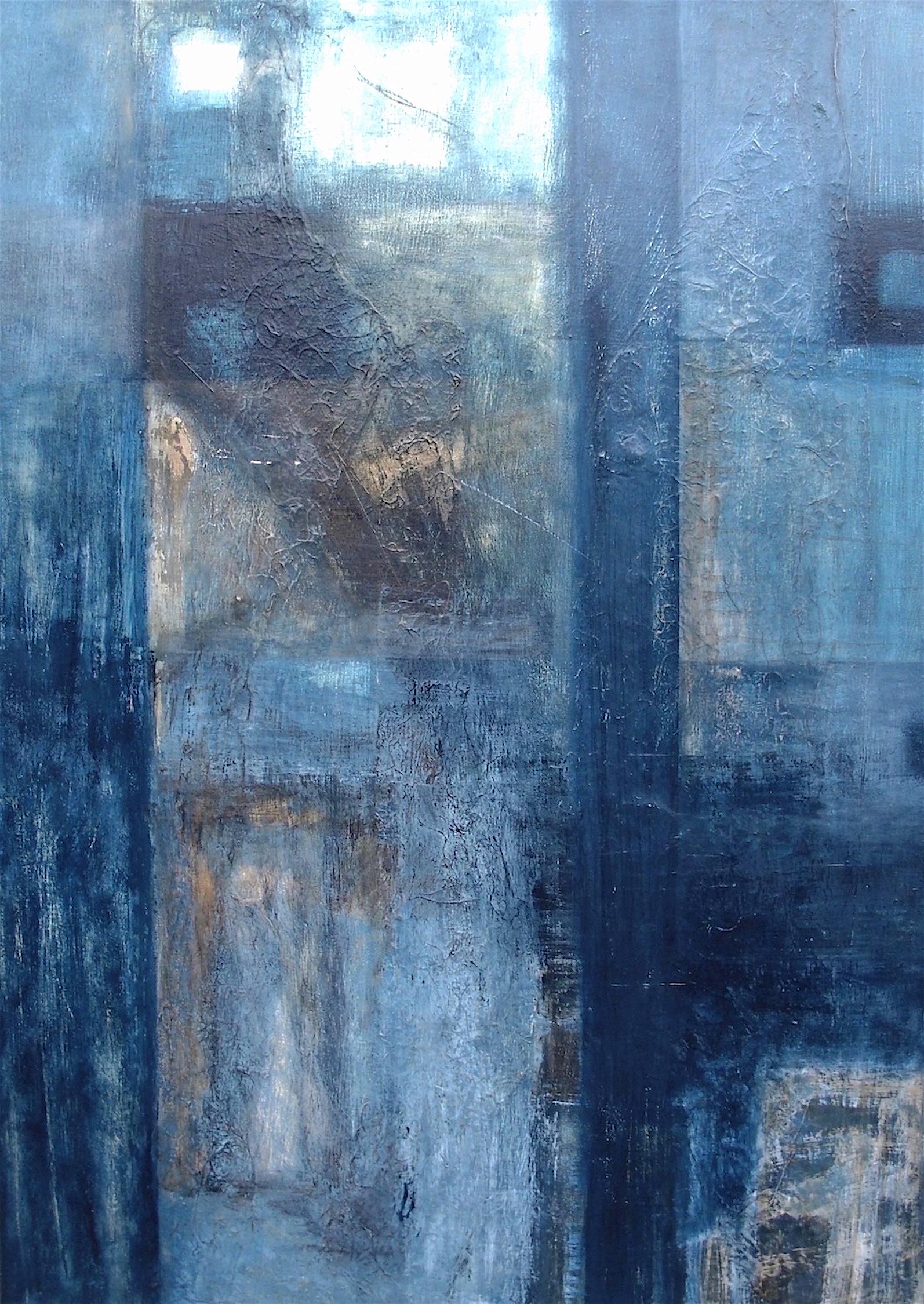 Blaue Birken. Zeitgenössisches abstraktes Gemälde in Mischtechnik auf Leinwand