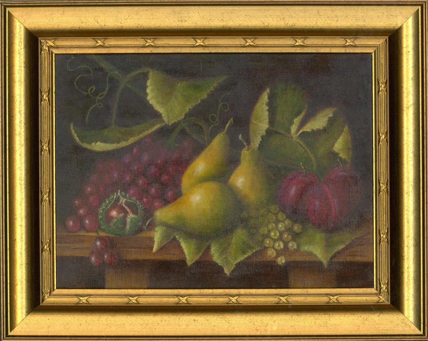A charming Autumnal still life showing horse chestnuts, pears, currants, grapes and plums. The artist has signed to the lower right and the painting has been presented in a contemporary gilt frame with crossed ribbon detailing. On canvas.





