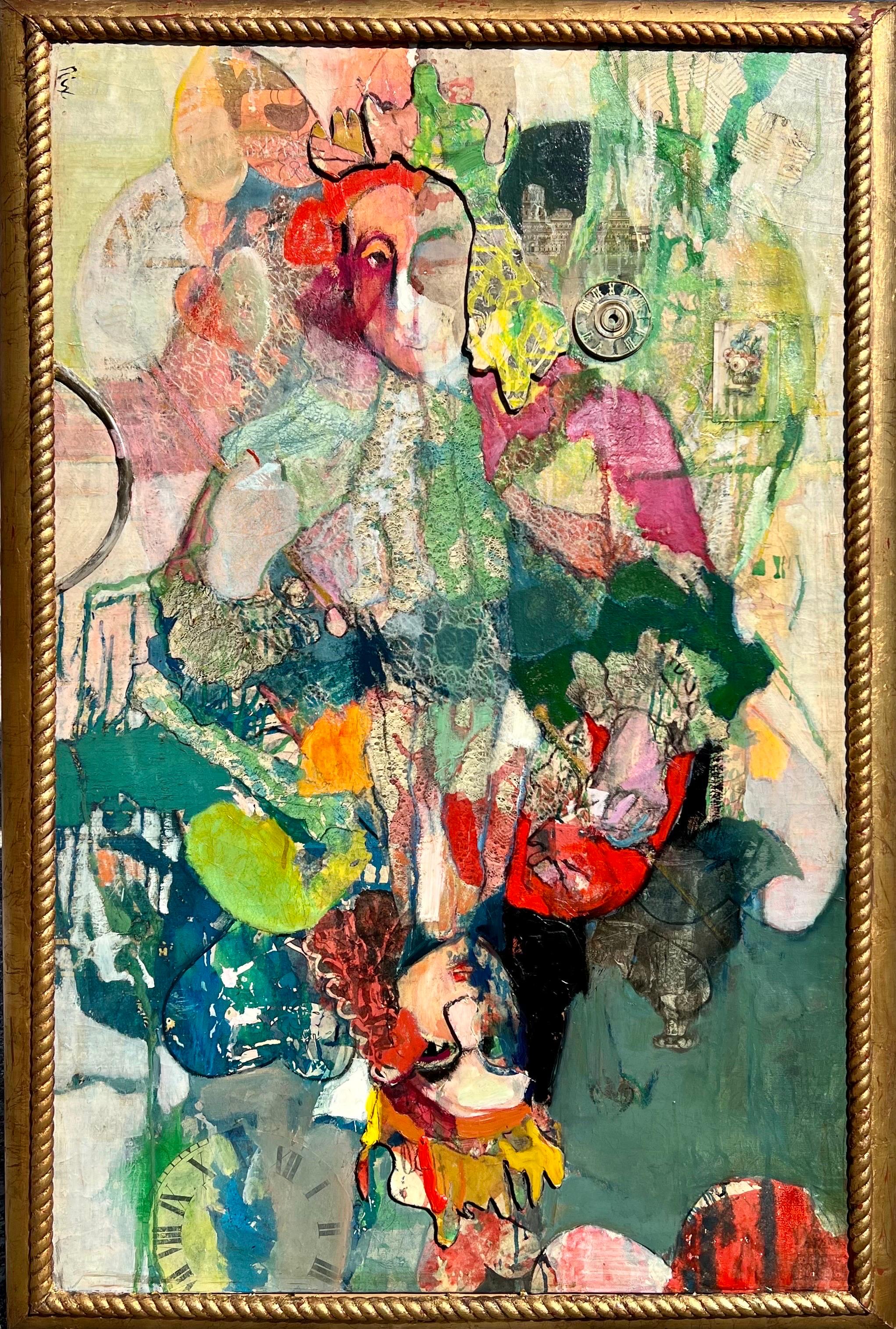 Patricia Nix, 
Peinture mixte huile sur toile avec collage, signée au recto
1984
Titré au verso "Queen of Hearts" et entièrement signé.
Le format encadré mesure environ 55 X 37.  la toile est de 50.5 X 32.5
Elles font partie d'une série célèbre