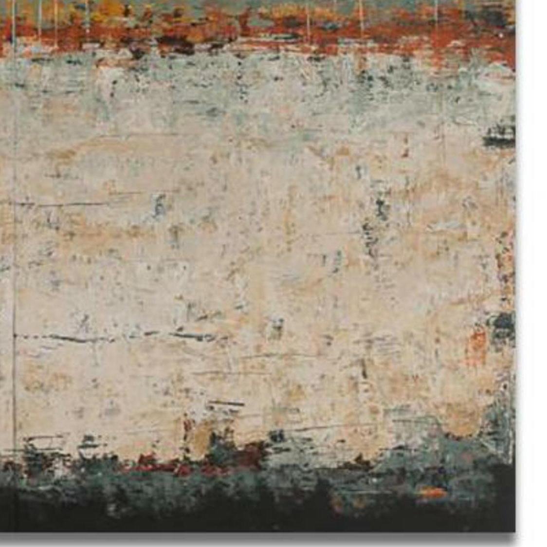 Monterey by artist Patricia Oblack and a brown, grey, turquoise, and black contemporary abstract mixed media on panel that measures 48 x 64 and is priced at $7,400.

“Presently, I use color - layers and layers if color and texture to create and