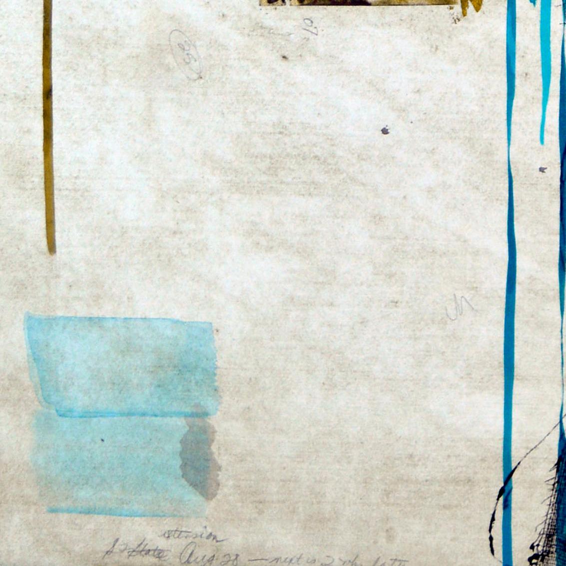 Mixed media collotype by Patricia Pearce ((American, b. 1948)). A mixed media artist test project painting using brown wash, gold leaf, silver leaf, and copper oxide. Some pencil notations and graffito. Unframed. We will ship this piece rolled.