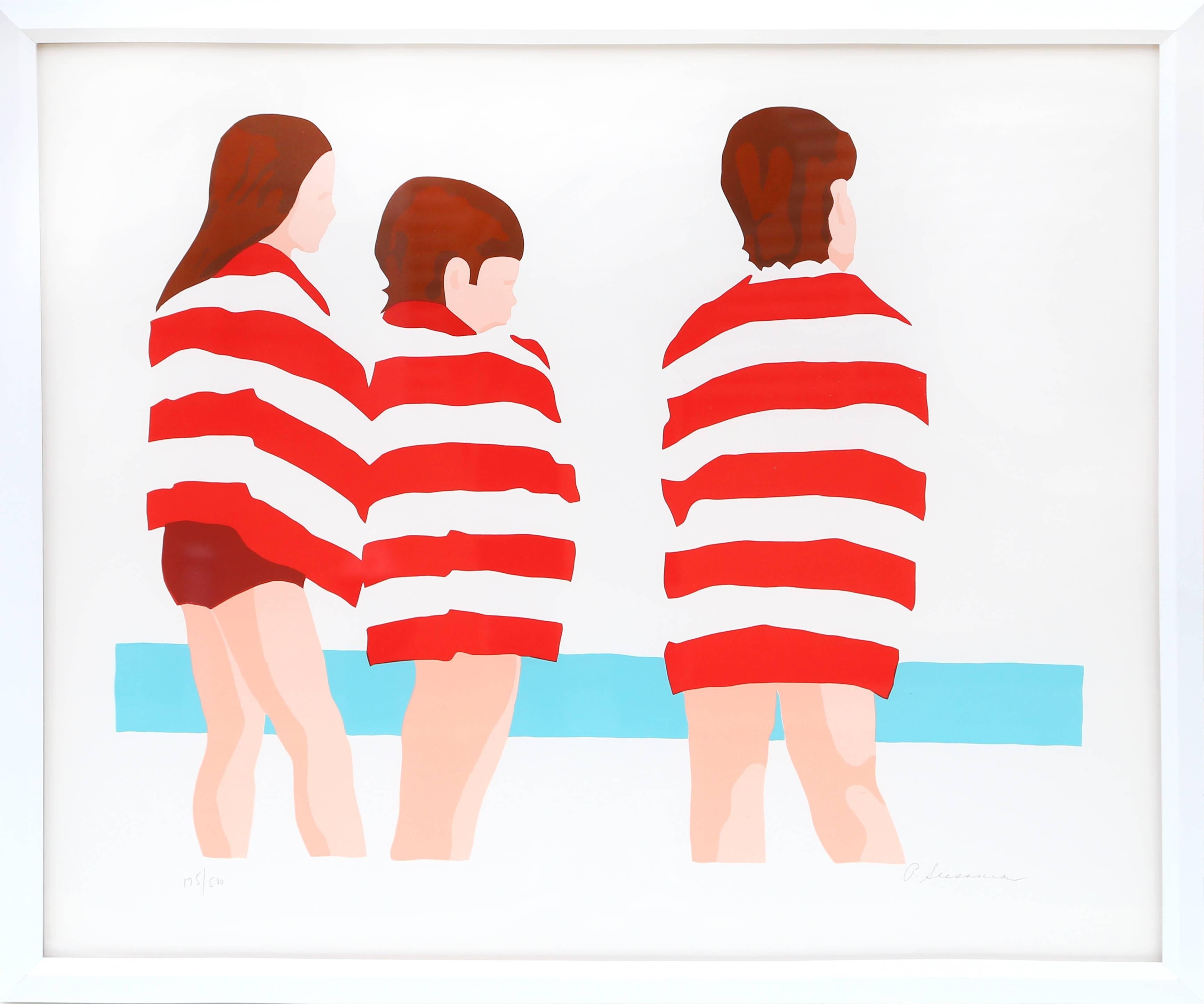 Artist: Patricia Sussman
Title:	The Beach (Red Stripes)
Year:	circa 1979
Medium:	Serigraph, signed and numbered in pencil
Edition: 500, AP 50
Paper Size:	22 in. x 25 in. (55.88 cm x 63.5 cm)
Frame:  25 x 28 inches