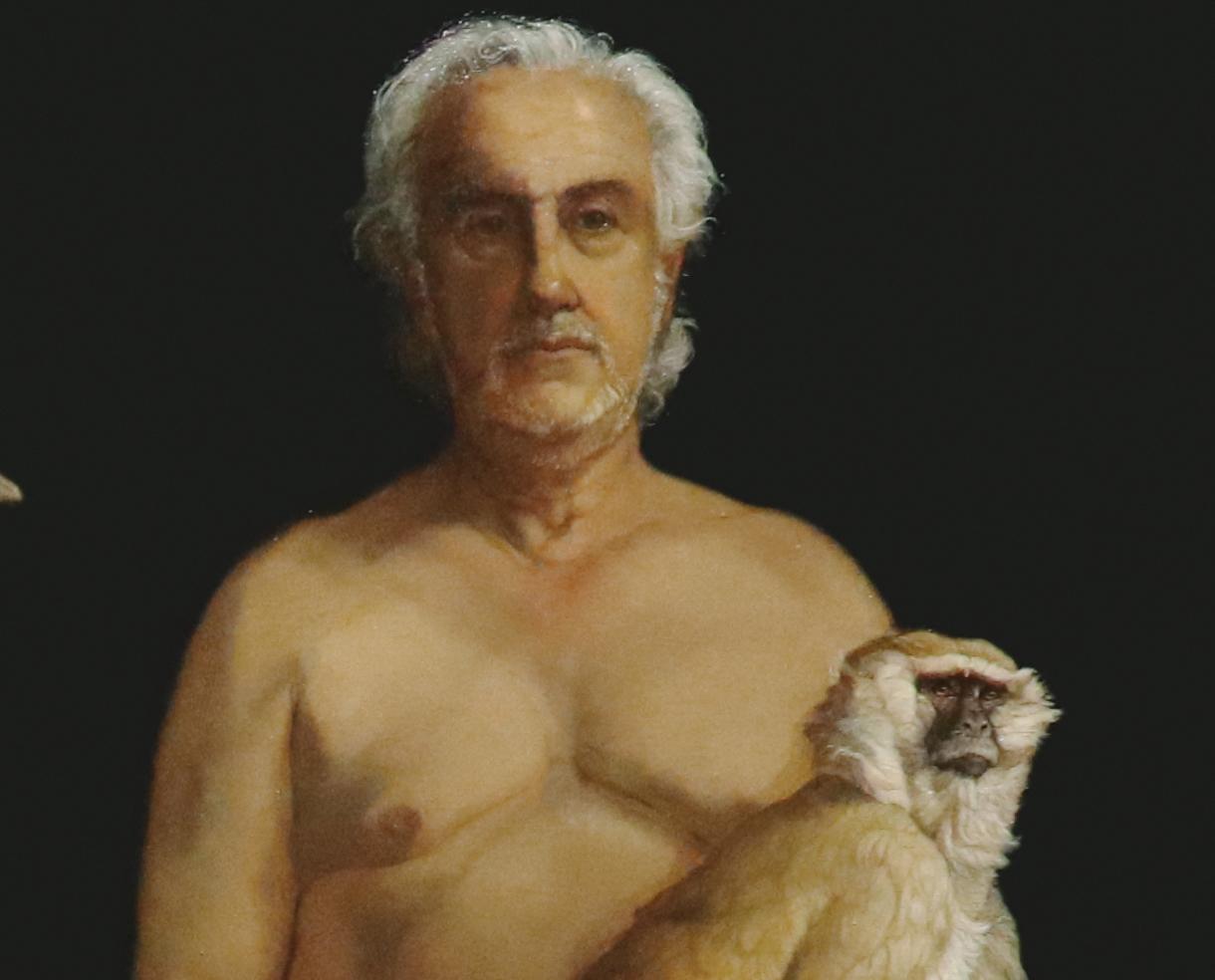 GUARDIANO CON DUE ANIMALI - Realismo contemporaneo / Tecniche tradizionali - Animal Painting Nero di Patricia Traub