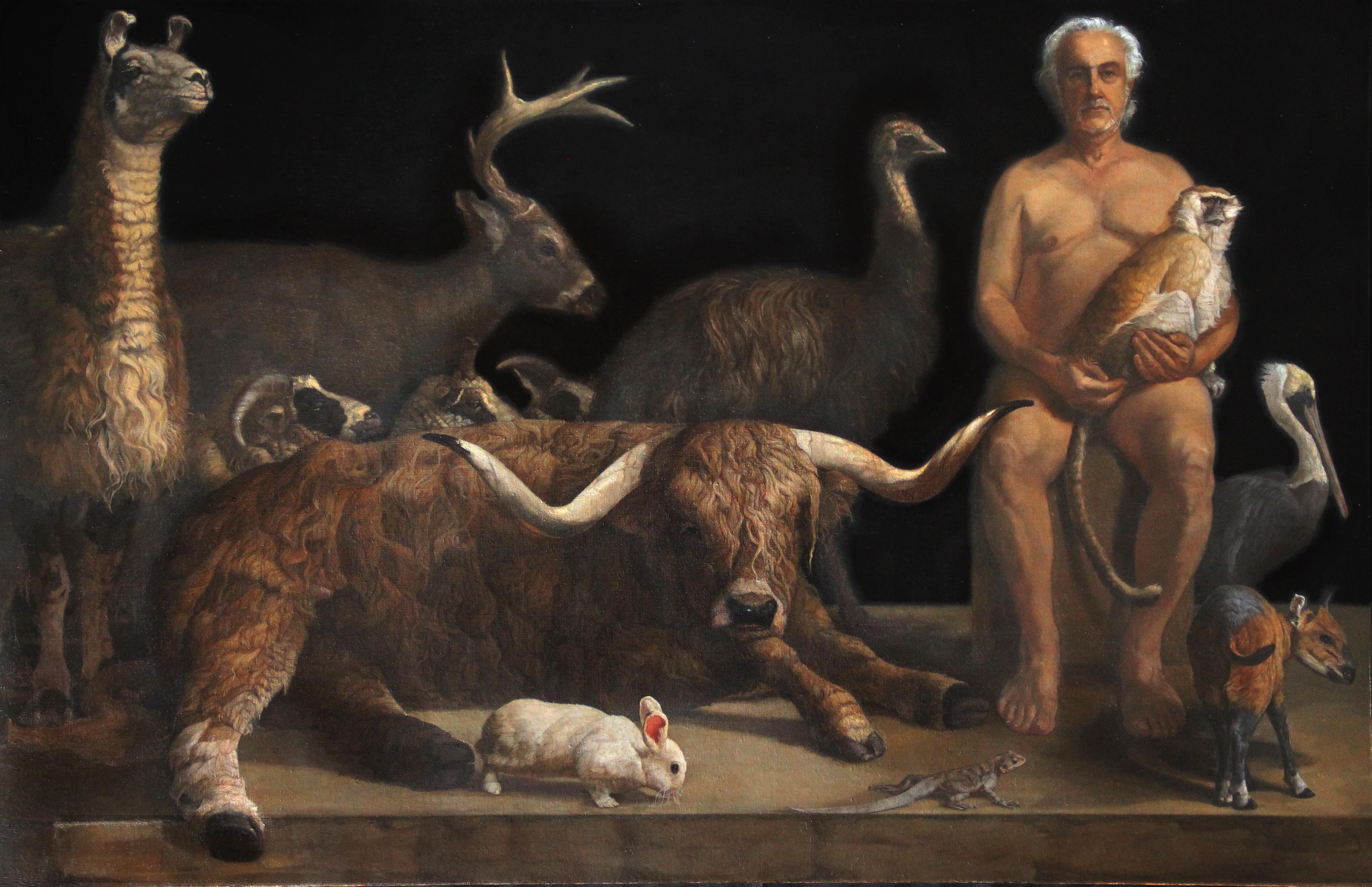 Patricia Traub Animal Painting - GUARDIAN WITH TWELVE ANIMALS - Contemporary Realism / Traditional Techniques
