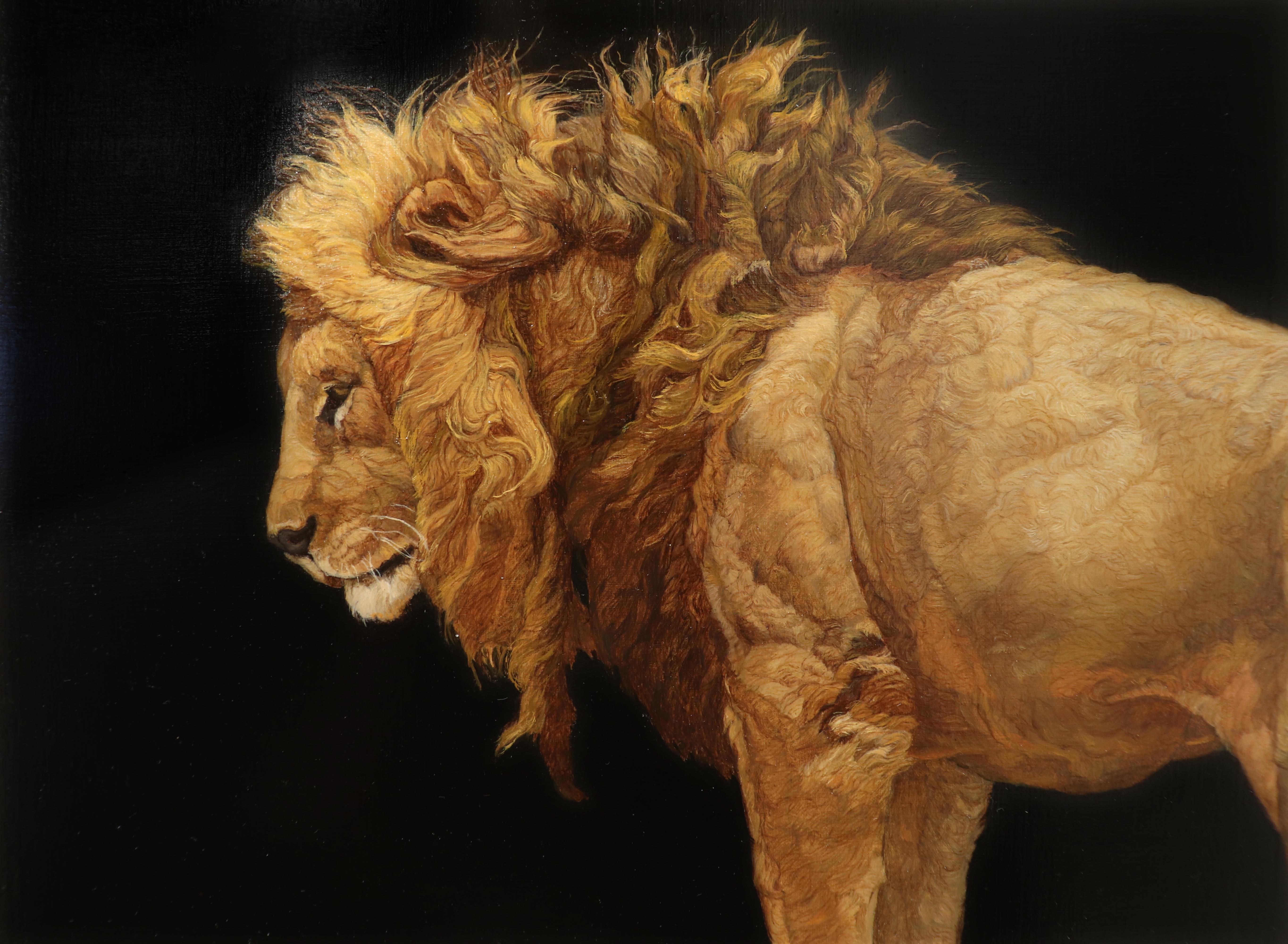 LION STANDING ON A KOPJES, Animal Portrait, Realism, Africa, Tanzania, Dark - Contemporary Painting by Patricia Traub