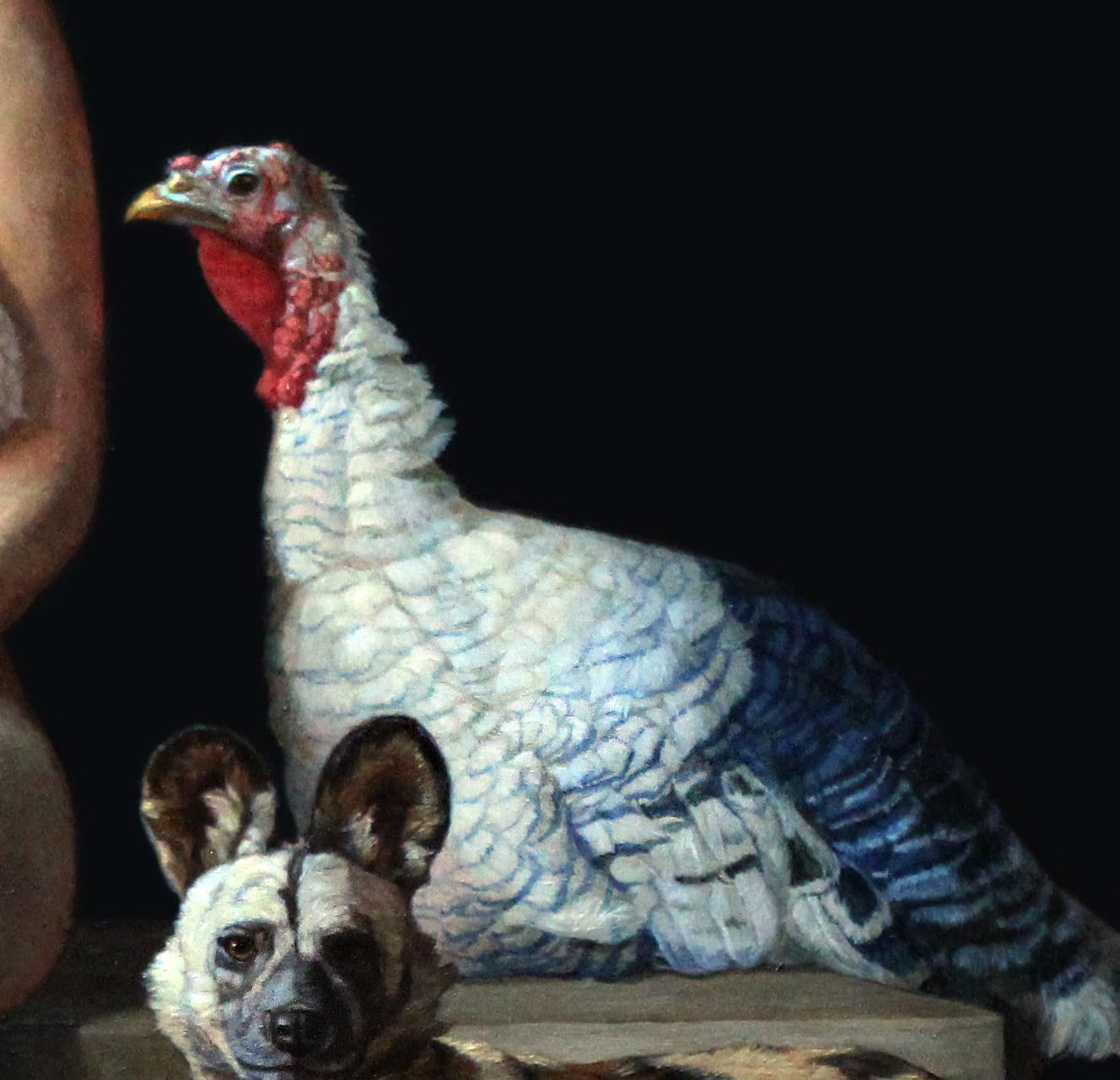 Rescuer With A Lemur, African Wild Dog, Two Rare Poultry, Figurative, Oil - Painting by Patricia Traub