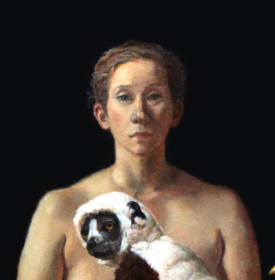 Rescuer With A Lemur, African Wild Dog, Two Rare Poultry, Figurative, Oil - Realist Painting by Patricia Traub