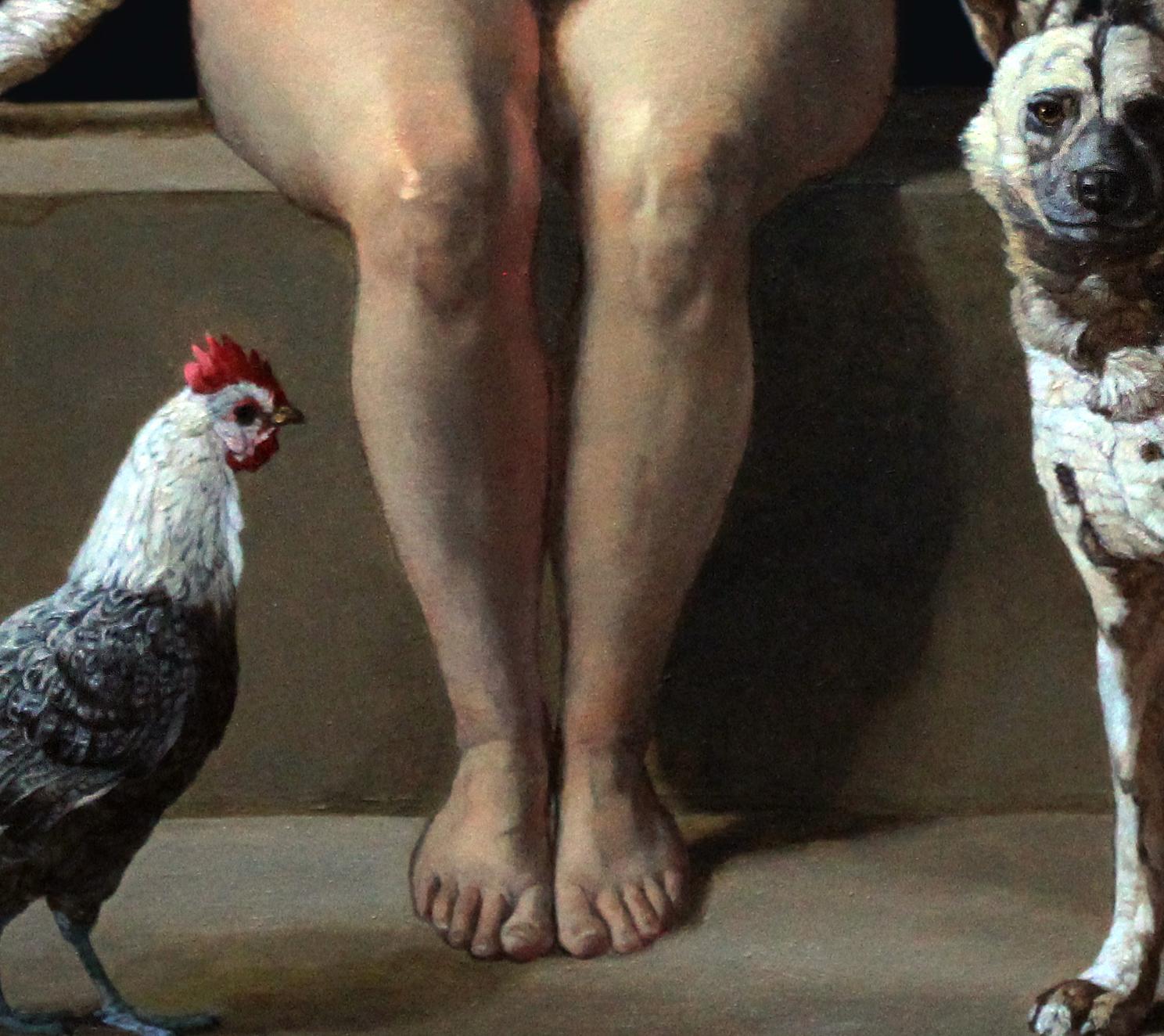 Rescuer With A Lemur, African Wild Dog, Two Rare Poultry, Figurative, Oil - Black Animal Painting by Patricia Traub