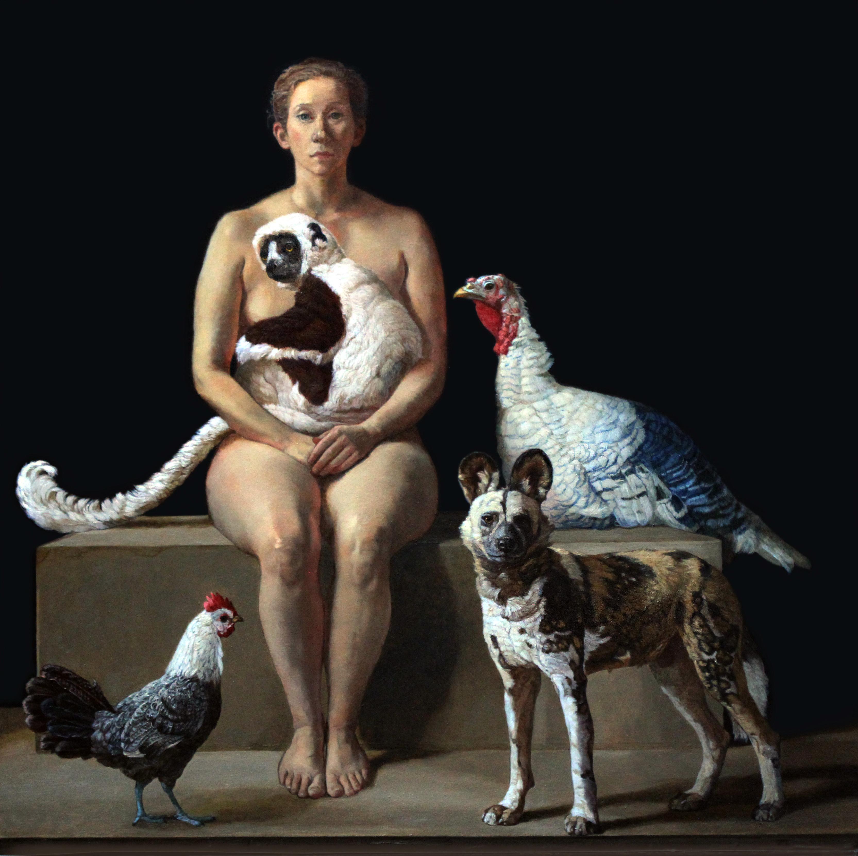 Patricia Traub Animal Painting - Rescuer With A Lemur, African Wild Dog, Two Rare Poultry, Figurative, Oil